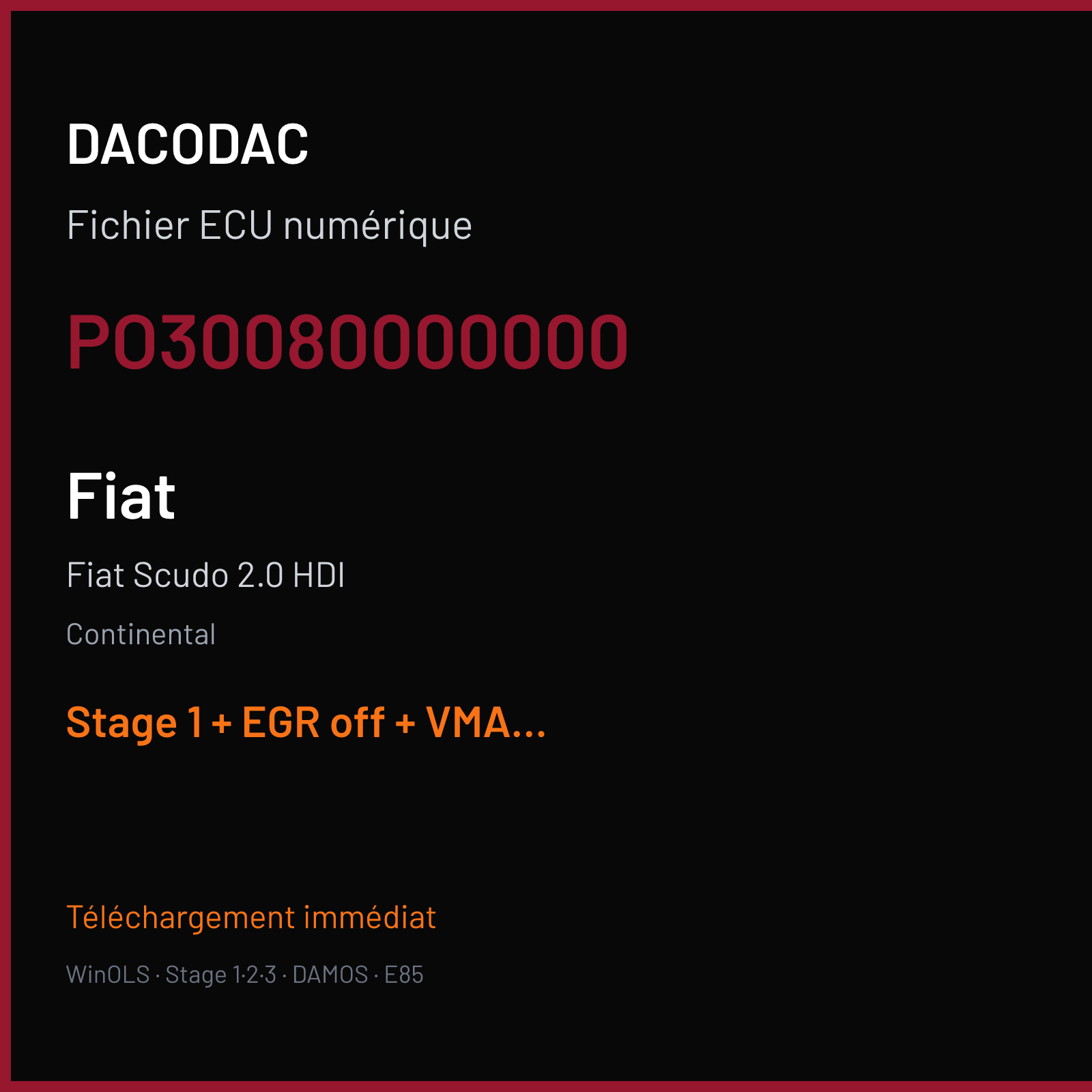 Fiat Scudo 2.0 HDI (2008) — Continental — PO30080000000 — Stage 1 + EGR off + VMAX off