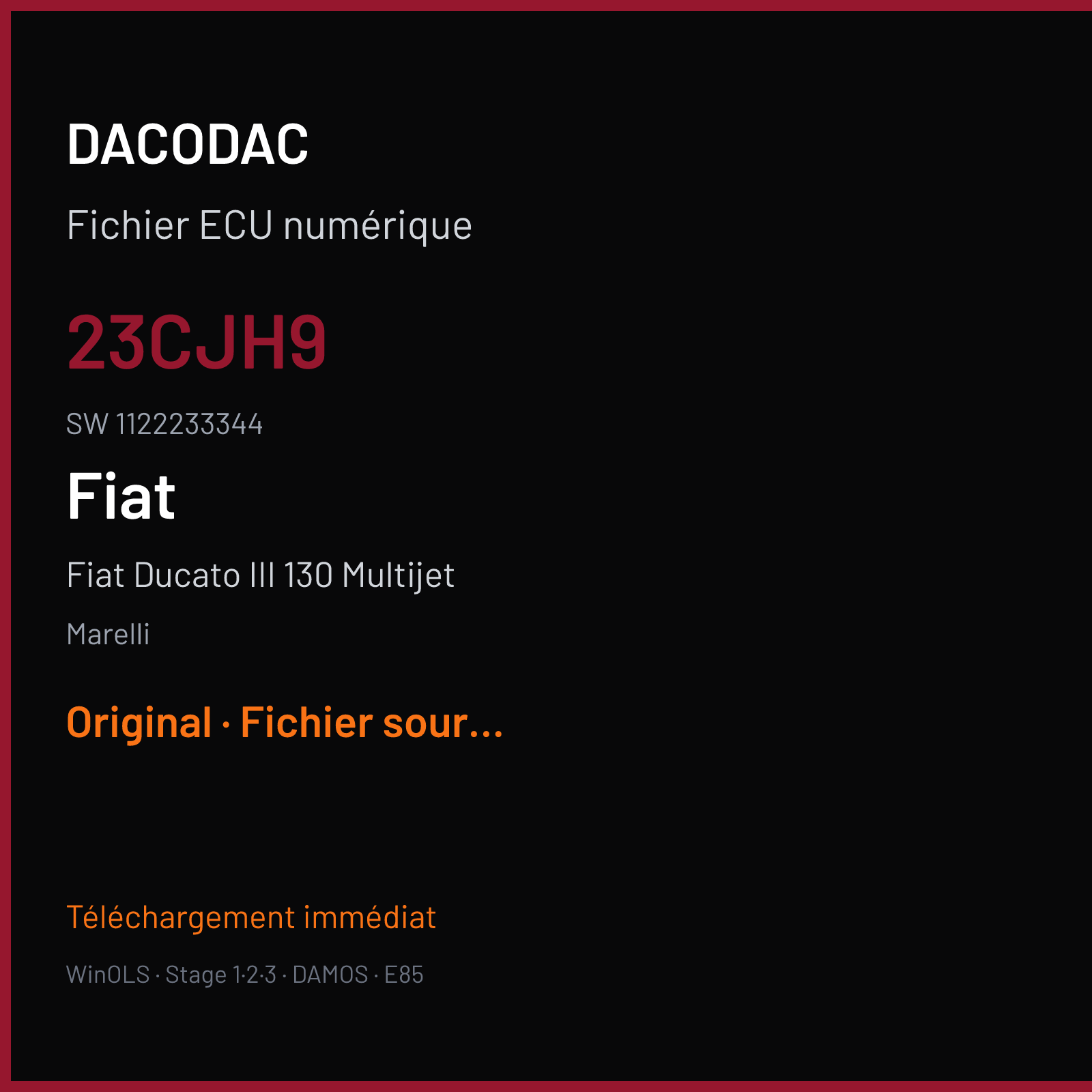 Fiat Ducato III 130 Multijet 140 ch (2021) — Marelli — 23CJH9 · 1122233344 · 33DDUU MJ9DFH — Original