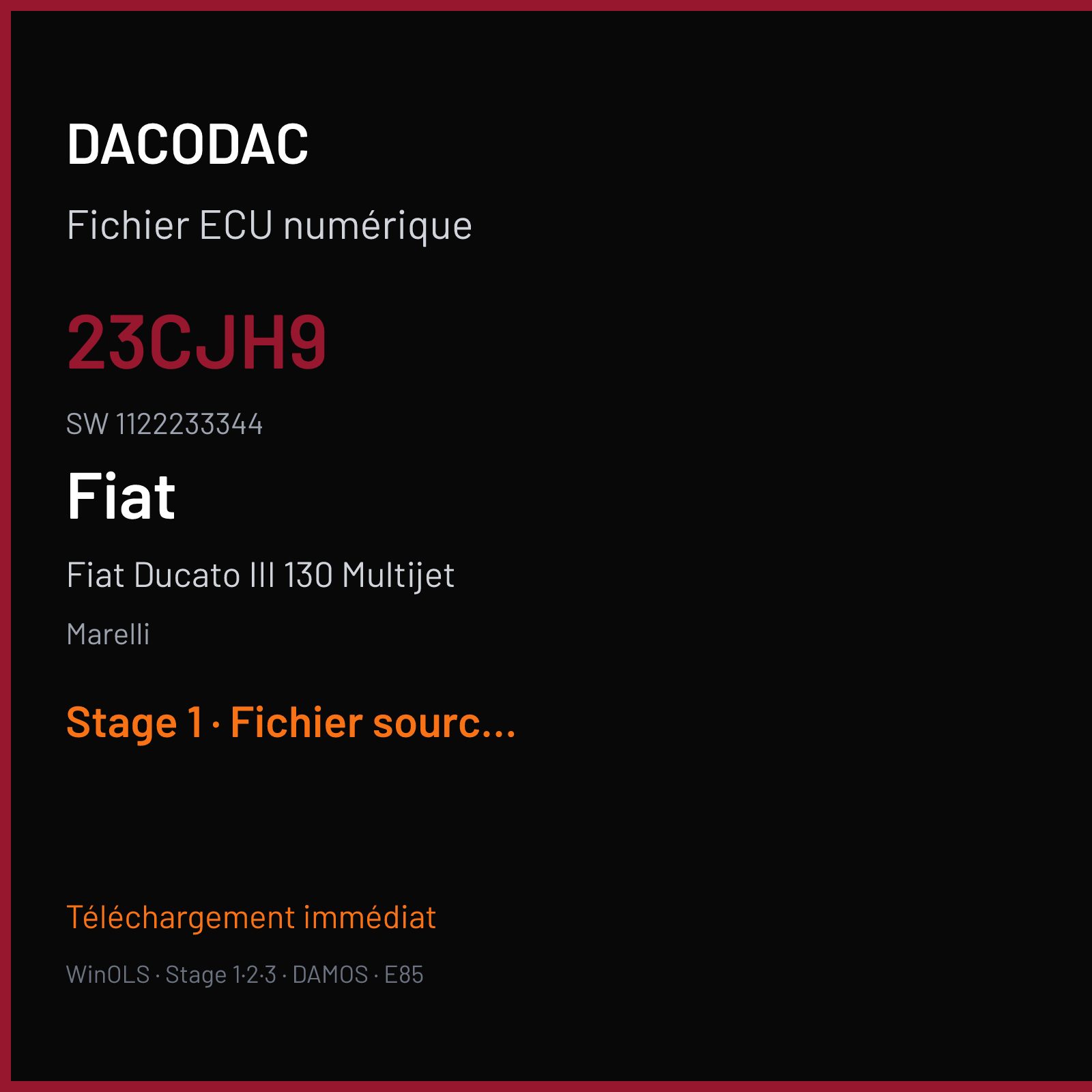 Fiat Ducato III 130 Multijet 140 ch (2021) — Marelli — 23CJH9 · 1122233344 · 33DDUU MJ9DFH — Stage 1
