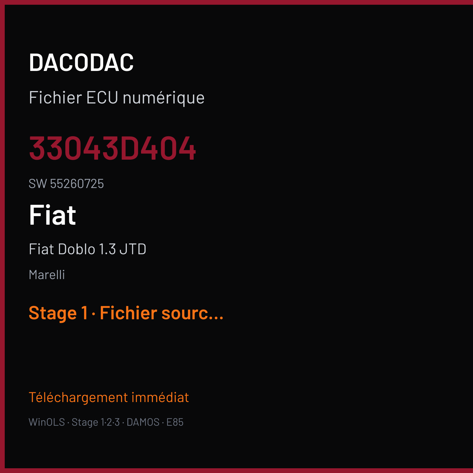 Fiat Doblo 1.3 JTD 90 ch (2015) — Marelli — 33043D404 · 55260725 · 355260725 MJ8F3H — Stage 1