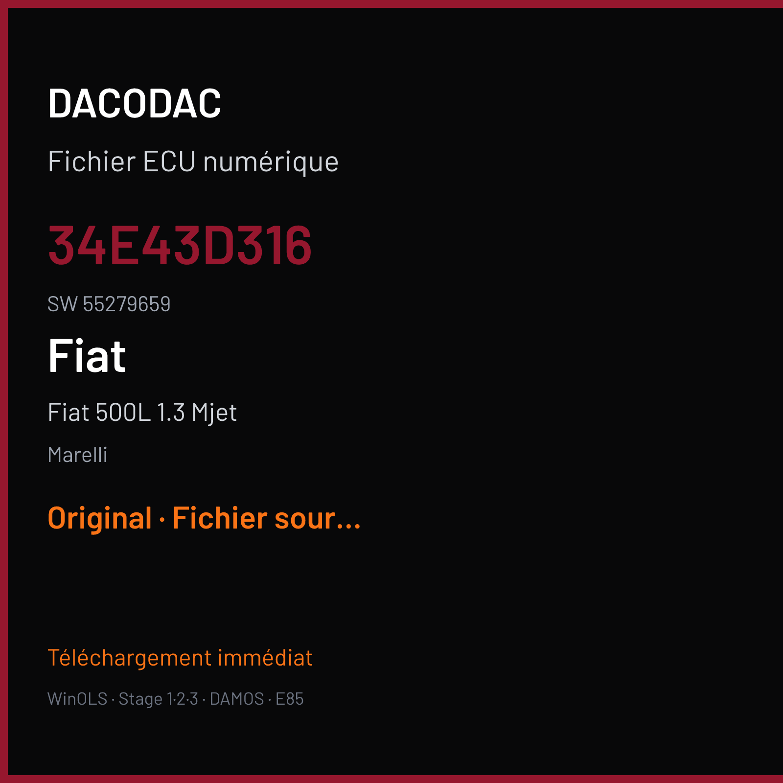 Fiat 500L 1.3 Mjet 95 ch (2017) — Marelli — 34E43D316 · 55279659 · 355279659 MJ9DFH — Original