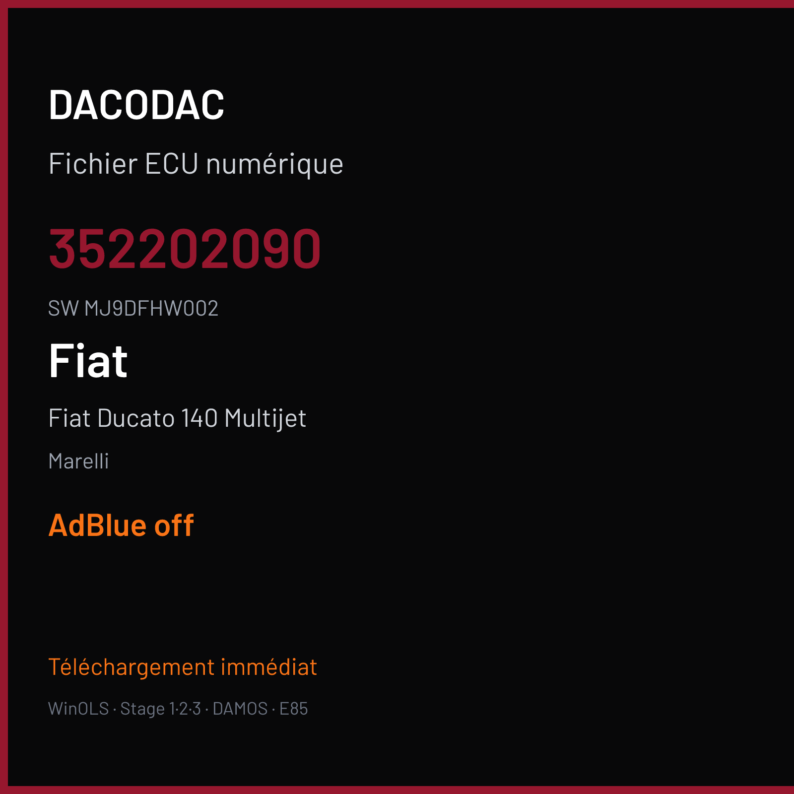 Fiat Ducato 140 Multijet 140 ch (2021) — Marelli — 352202090 · MJ9DFHW002 · DV20AC32 MJ9DFH — ADBLUE off
