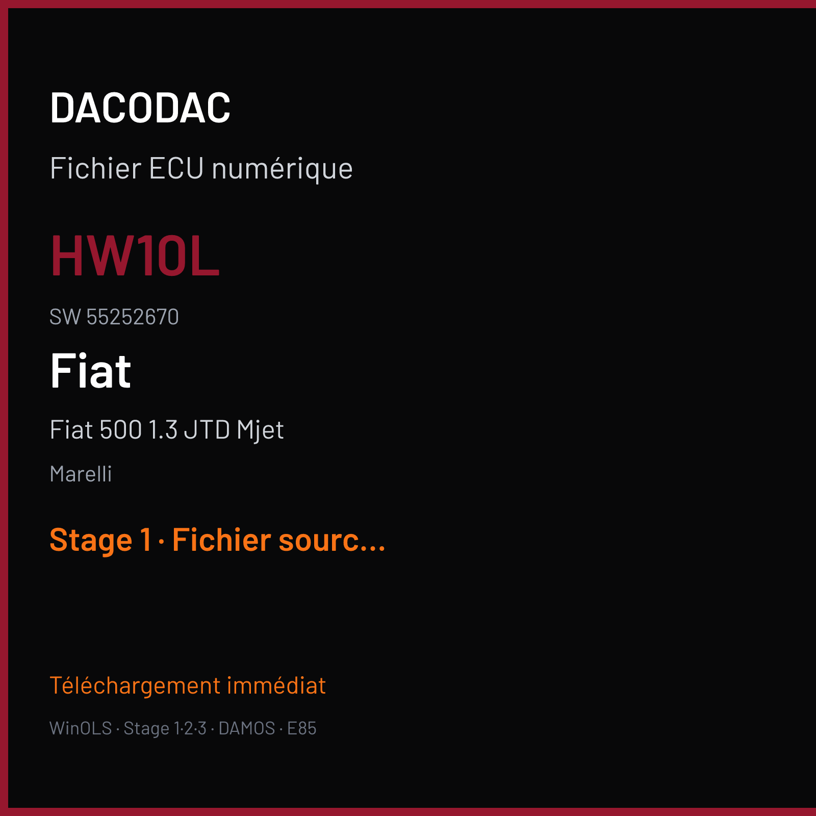 Fiat 500 1.3 JTD Mjet 85 ch (2012) — Marelli — HW10L · 55252670 · 2443X133 MJ8F3H — Stage 1