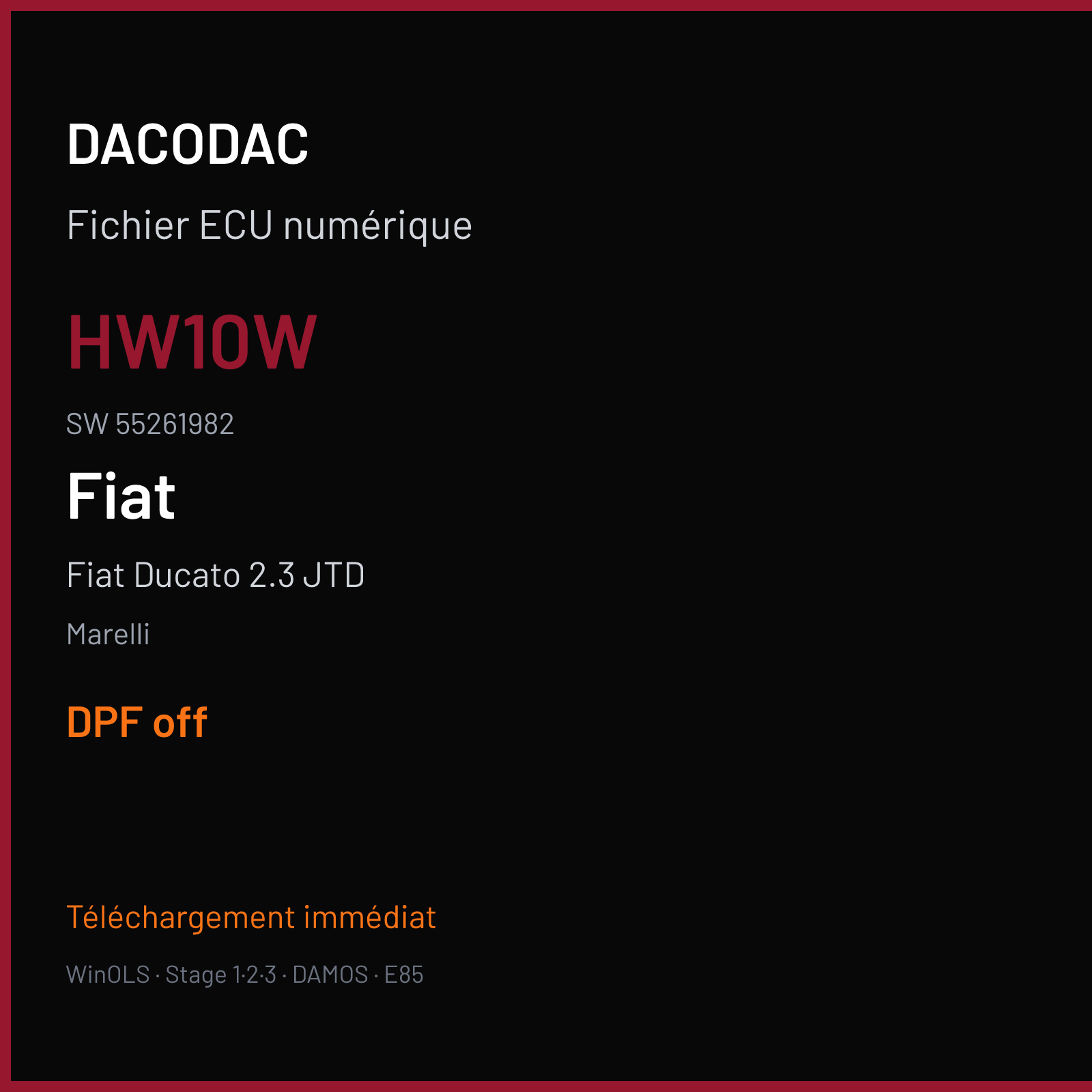 Fiat Ducato 2.3 JTD 130 ch (2014) — Marelli — HW10W · 55261982 · 3042BN04 MJ8F3 — DPF off