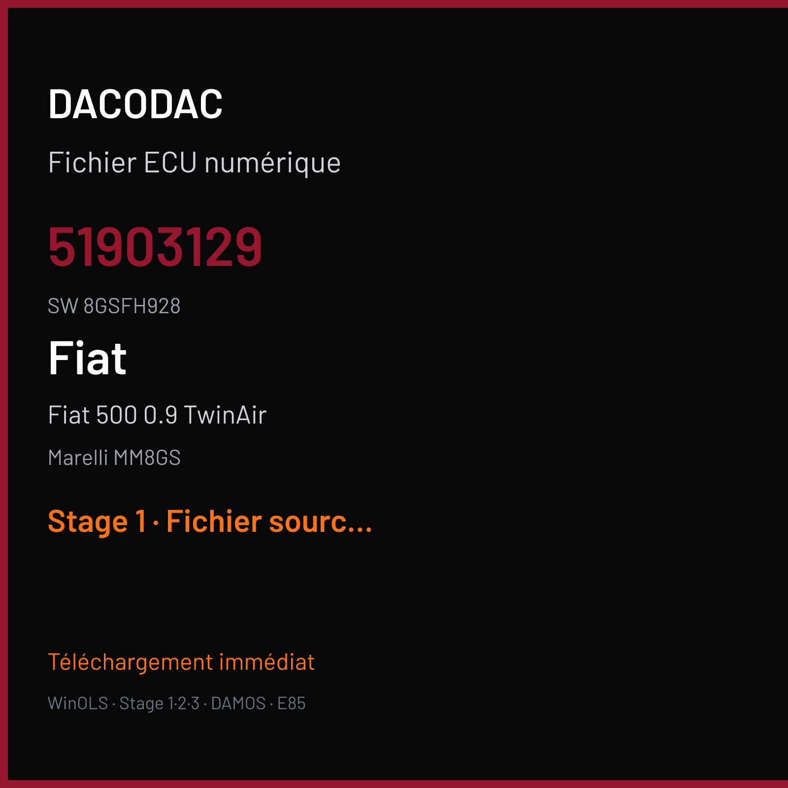 Fiat 500 0.9 TwinAir (2011) — Marelli MM8GS — 51903129 · 8GSFH928 — Stage 1