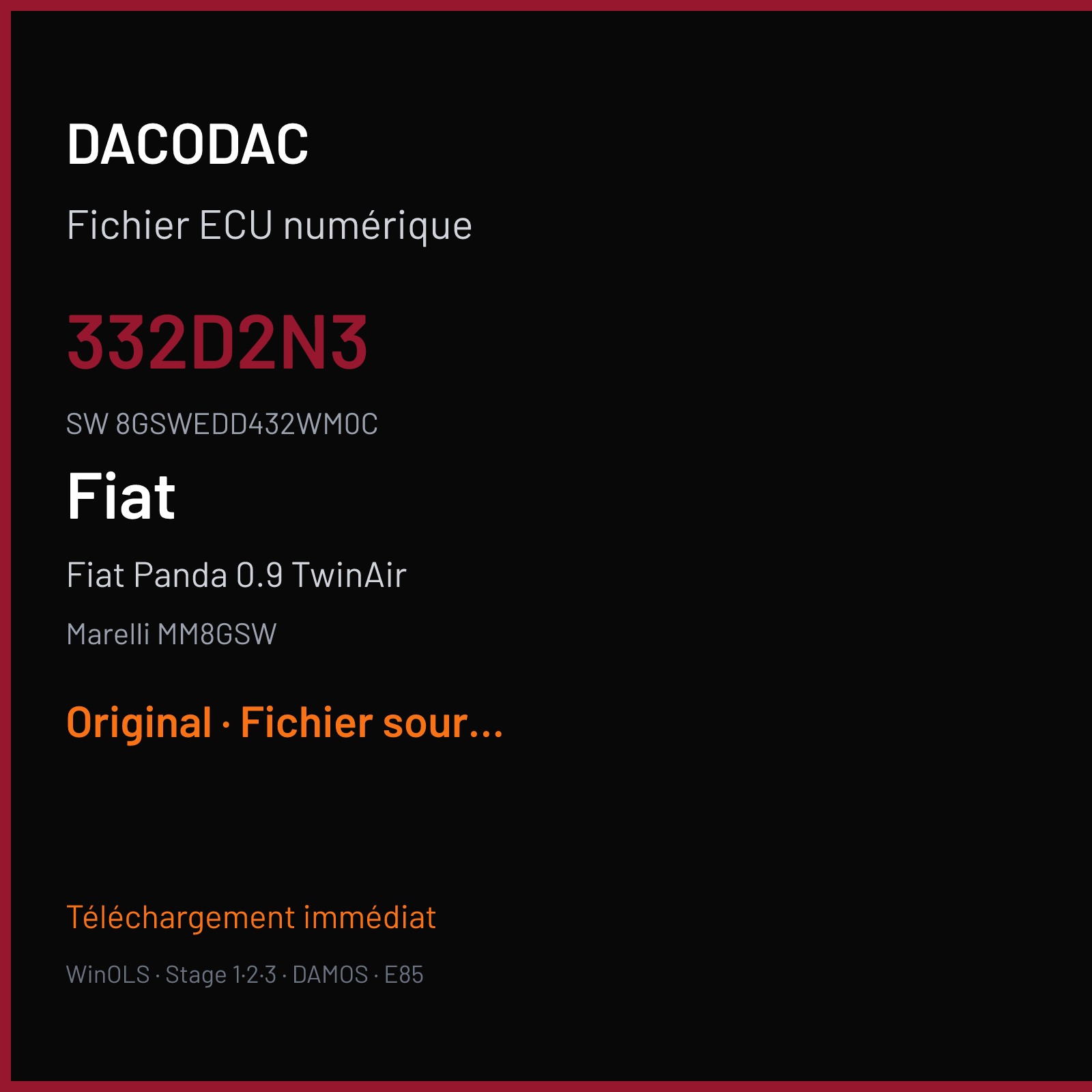 Fiat Panda 0.9 TwinAir 84 ch (2014) — Marelli MM8GSW — 332D2N3 · 8GSWEDD432WM0C · 352062463 — Original