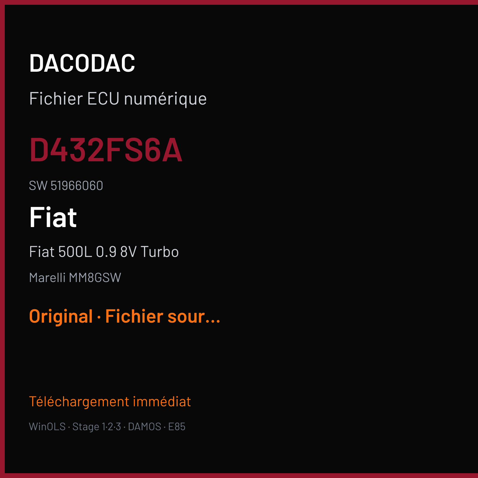Fiat 500L 0.9 8V Turbo 103 ch — Marelli MM8GSW — D432FS6A · 51966060 — Original