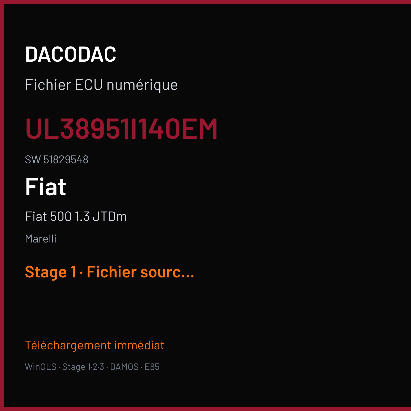 Fiat 500 1.3 JTDm 95 ch (2010) — Marelli — UL38951I140EM · 51829548 · MJ8DFH — Stage 1