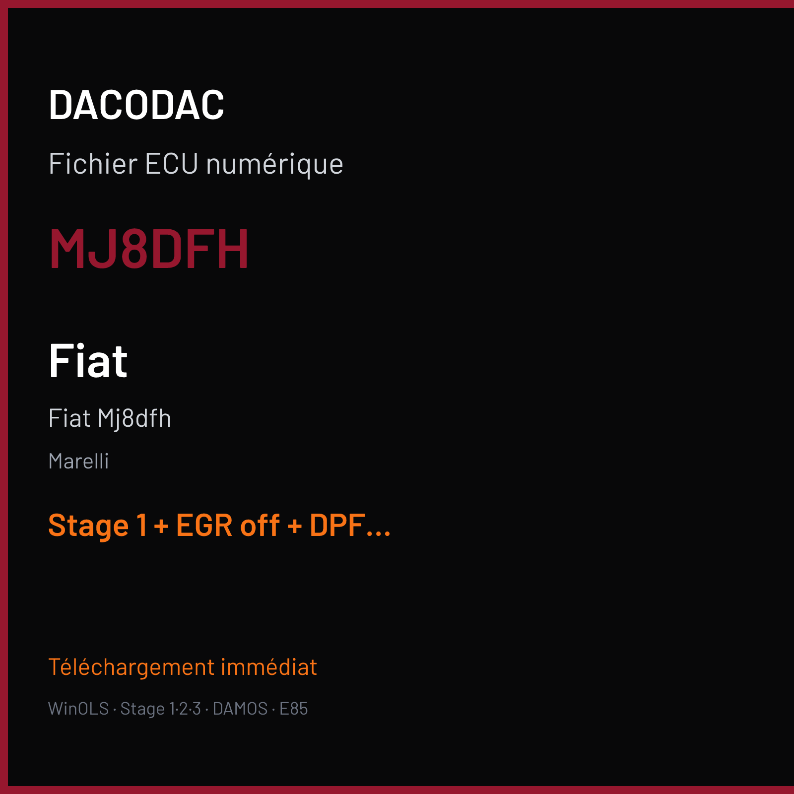 Fiat Mj8dfh (2009) — Marelli — MJ8DFH — Stage 1 + EGR off + DPF off + STARTSTOP off