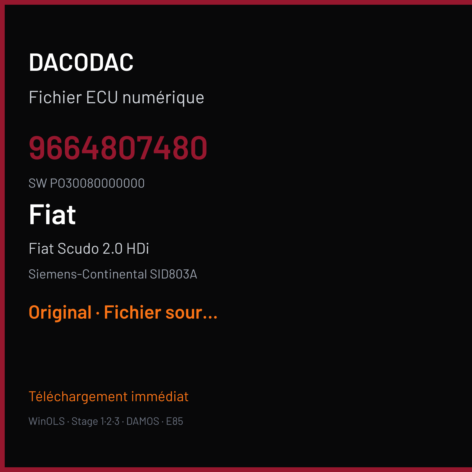 Fiat Scudo 2.0 HDi (2008) — Siemens-Continental SID803A — 9664807480 · PO30080000000 — Original