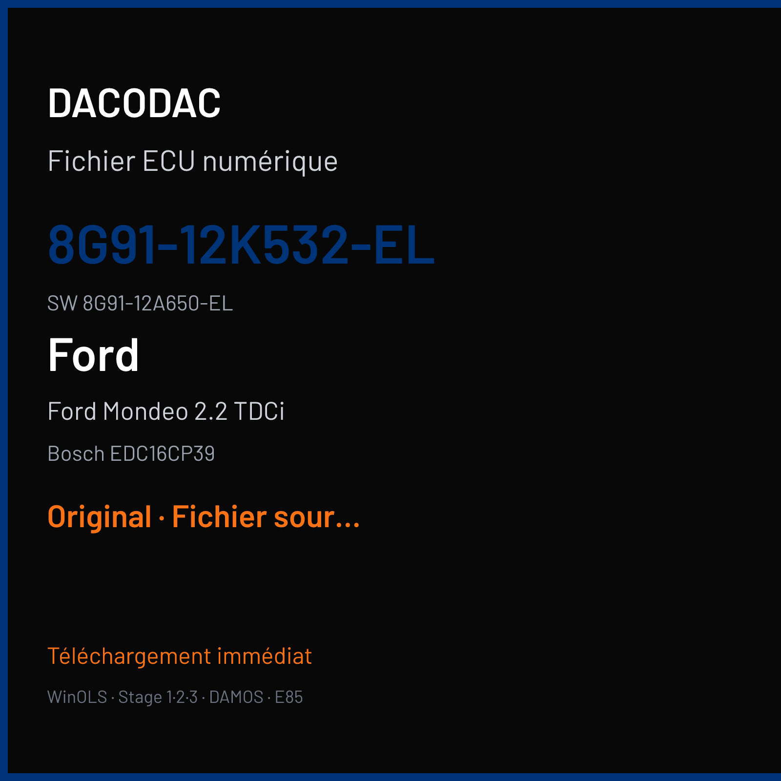 Ford Mondeo 2.2 TDCi 175 ch (2009) — Bosch EDC16CP39 — 8G91-12K532-EL · 8G91-12A650-EL · 376616 — Original