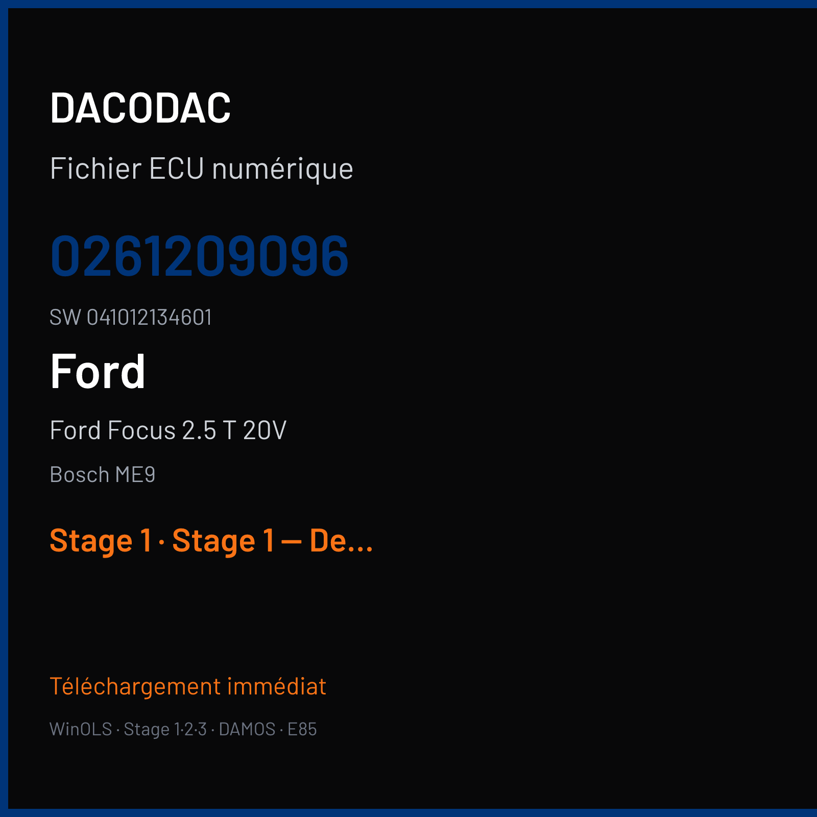 Ford Focus 2.5 T 20V 306 ch (2008) — Bosch ME9 — 0261209096 · 041012134601 · 377859 — Stage 1