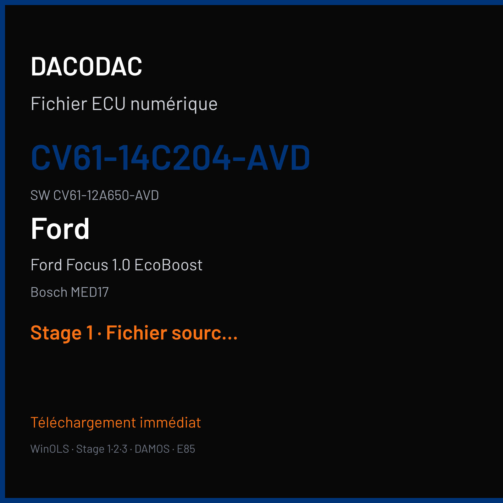 Ford Focus 1.0 EcoBoost 125 ch (2014) — Bosch MED17 — CV61-14C204-AVD · CV61-12A650-AVD · 038827 — Stage 1