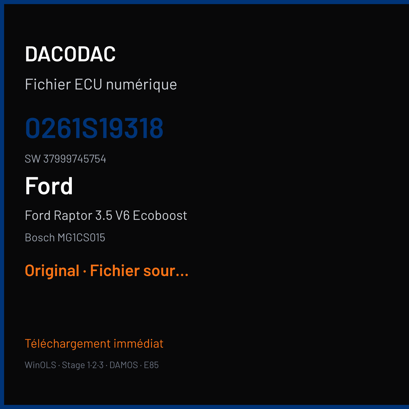 Ford Raptor 3.5 V6 Ecoboost 456 ch (2018) — Bosch MG1CS015 — 0261S19318 · 37999745754 · JL3A-14C204-AYF — Original