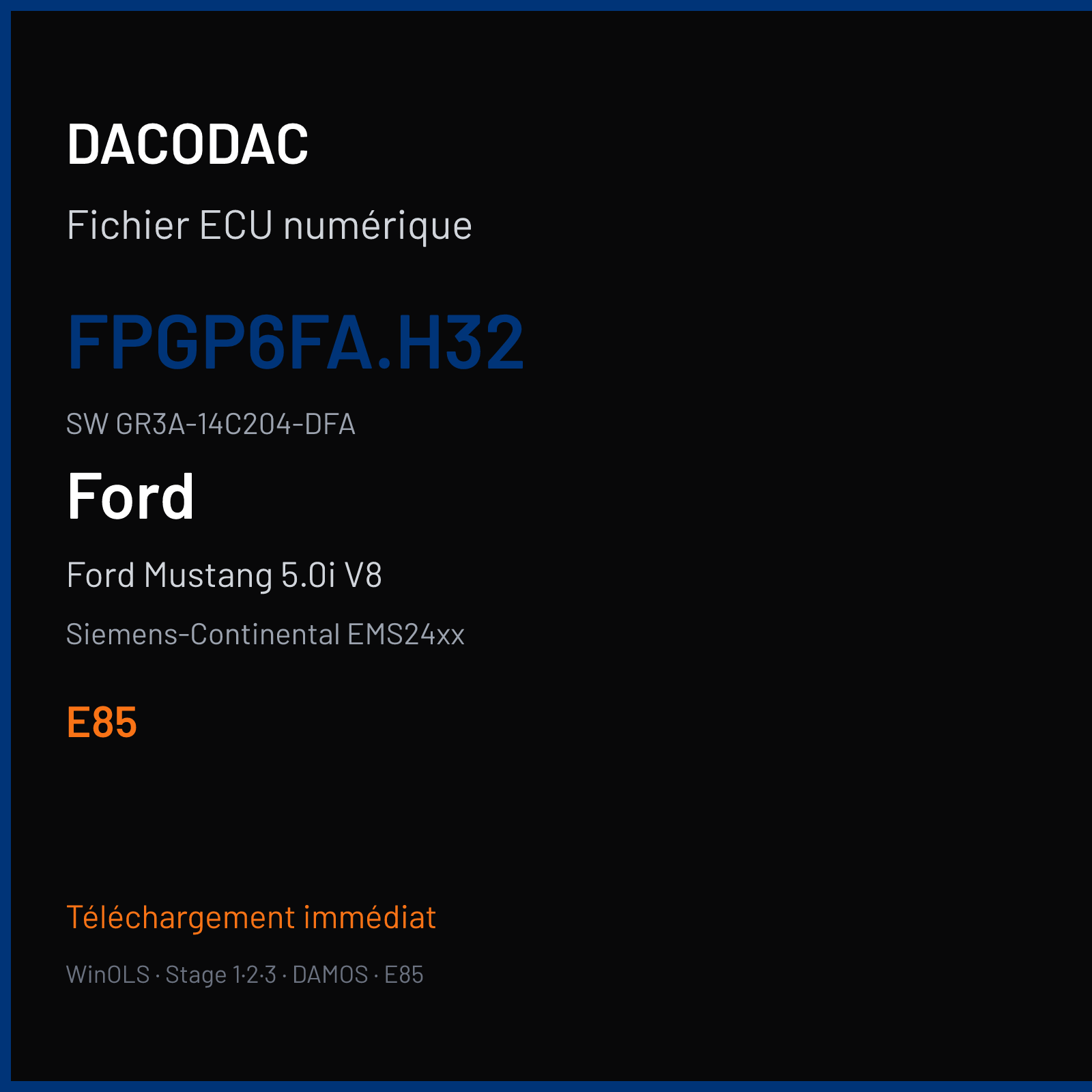 Ford Mustang 5.0i V8 413 ch (2016) — Siemens-Continental EMS24xx — FPGP6FA.H32 · GR3A-14C204-DFA · F80F80217C000000 — E85