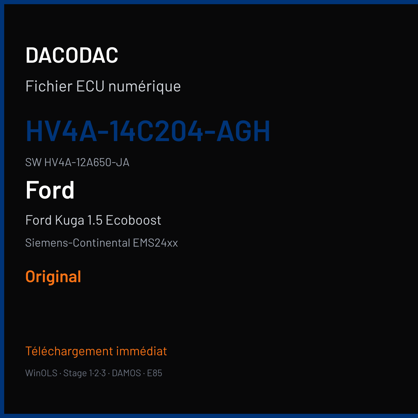 Ford Kuga 1.5 Ecoboost 120 ch (2018) — Siemens-Continental EMS24xx — HV4A-14C204-AGH · HV4A-12A650-JA · F903087000000 — Original