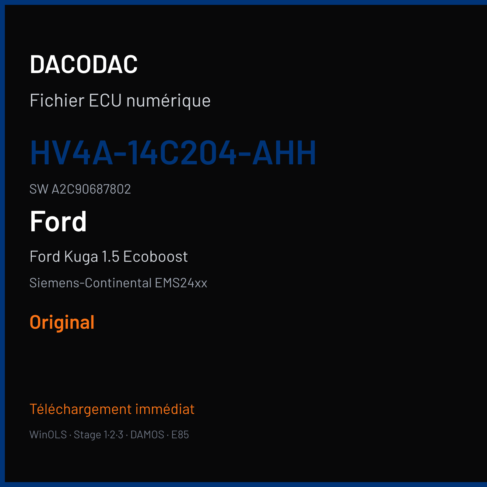 Ford Kuga 1.5 Ecoboost 150 ch (2017) — Siemens-Continental EMS24xx — HV4A-14C204-AHH · A2C90687802 · F903087000000 — Original