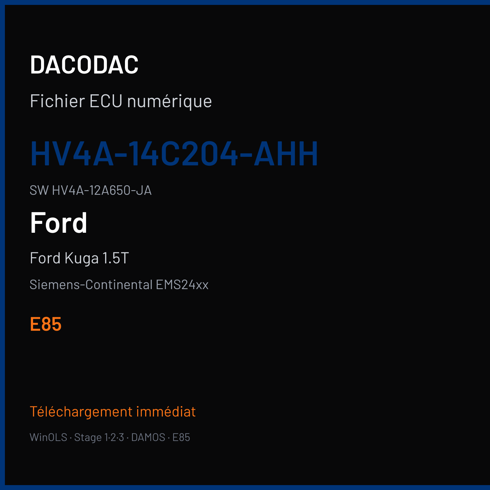 Ford Kuga 1.5T 150 ch (2018) — Siemens-Continental EMS24xx — HV4A-14C204-AHH · HV4A-12A650-JA · F903087000000 — E85