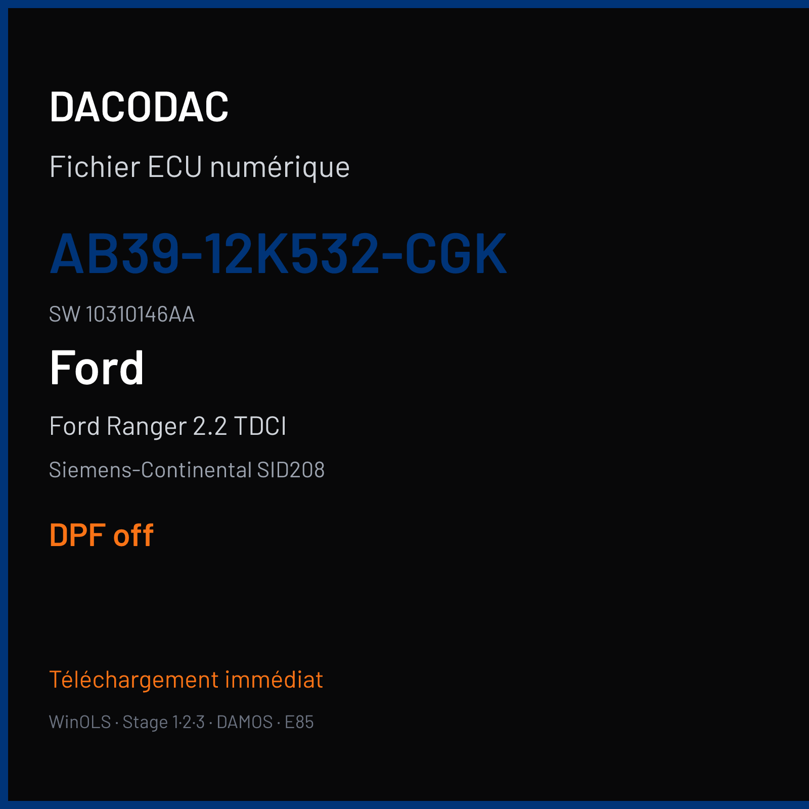 Ford Ranger 2.2 TDCI 150 ch (2012) — Siemens-Continental SID208 — AB39-12K532-CGK · 10310146AA · FRQ6195000000 — DPF off