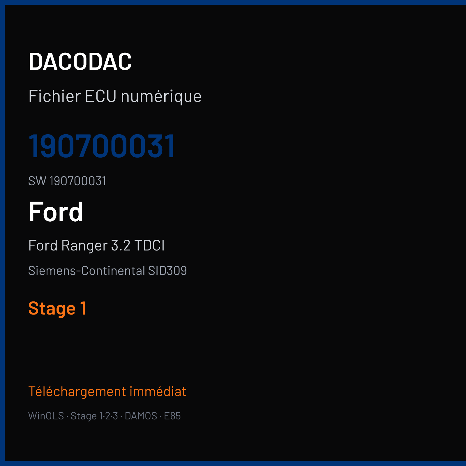 Ford Ranger 3.2 TDCI 200 ch (2017) — Siemens-Continental SID309 — 190700031 · 190700031 · JB3G-14C204-ECF — Stage 1