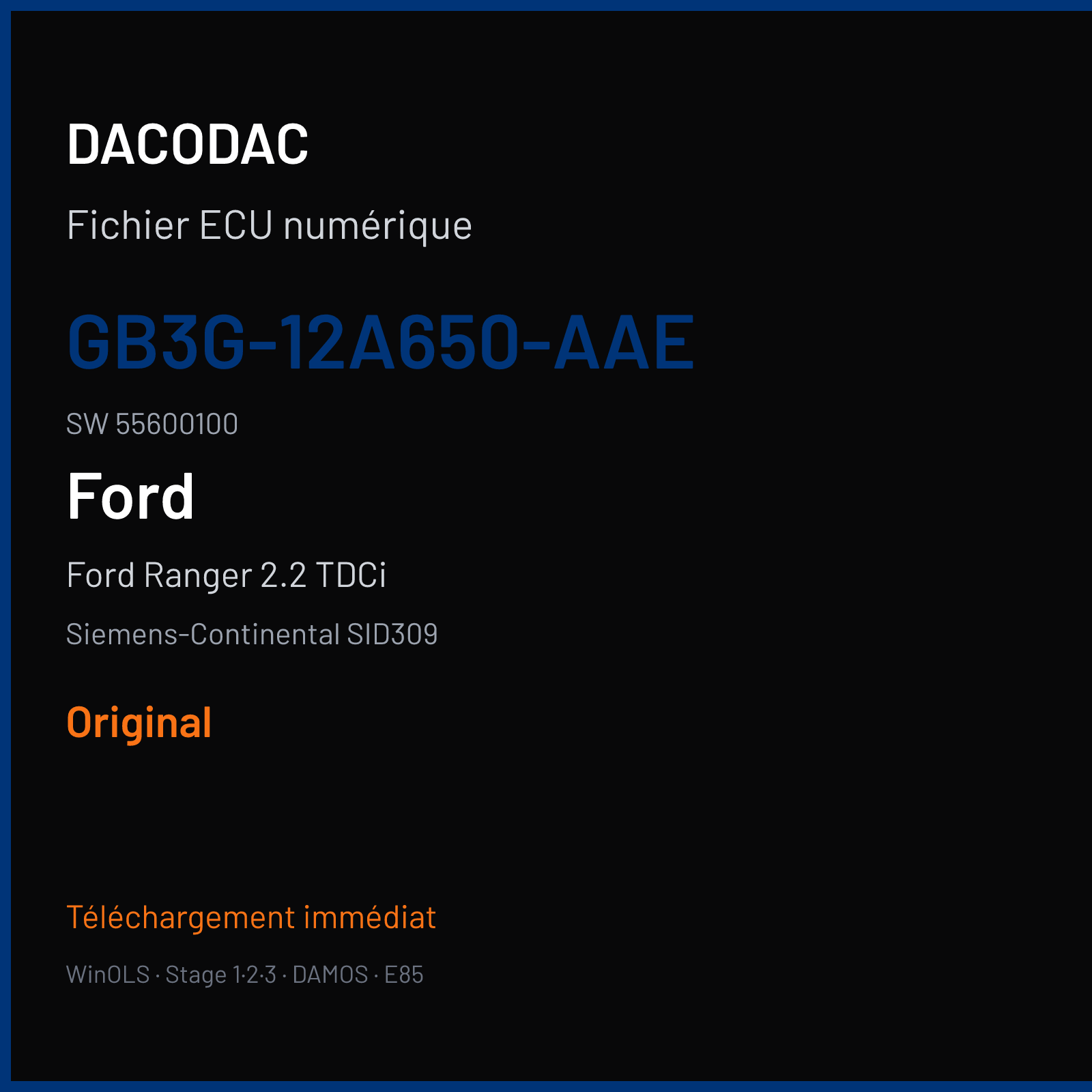 Ford Ranger 2.2 TDCi 160 ch (2019) — Siemens-Continental SID309 — GB3G-12A650-AAE · 55600100 · GB3G-14C204-AGK — Original