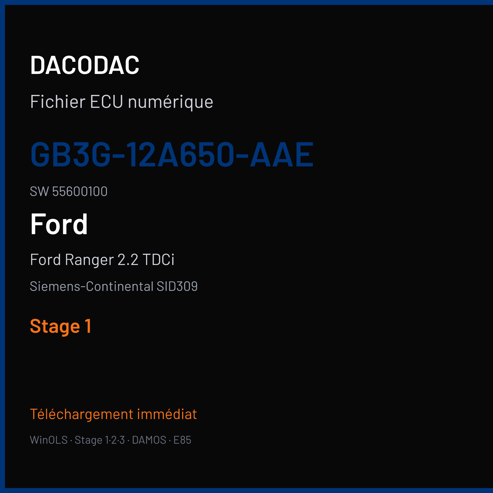 Ford Ranger 2.2 TDCi 160 ch (2019) — Siemens-Continental SID309 — GB3G-12A650-AAE · 55600100 · GB3G-14C204-AGK — Stage 1