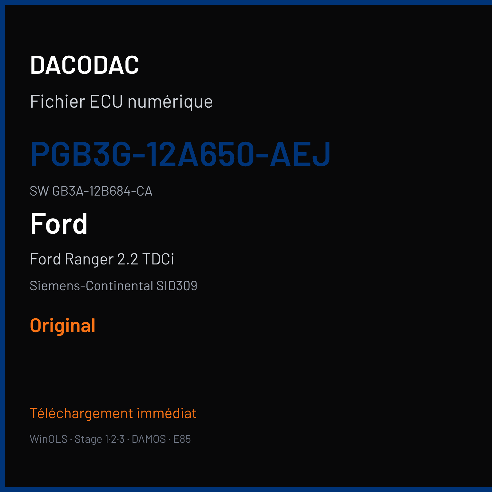 Ford Ranger 2.2 TDCi 160 ch (2016) — Siemens-Continental SID309 — PGB3G-12A650-AEJ · GB3A-12B684-CA · GB3G-14C204-AEJ — Original