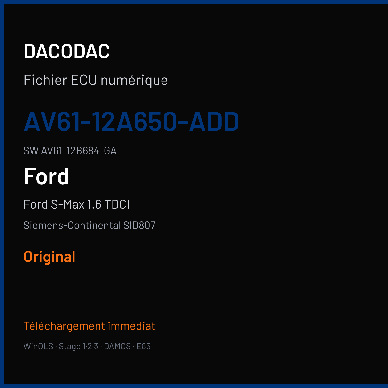 Ford S-Max 1.6 TDCI 115 ch (2012) — Siemens-Continental SID807 — AV61-12A650-ADD · AV61-12B684-GA · FRD4393000000 — Original