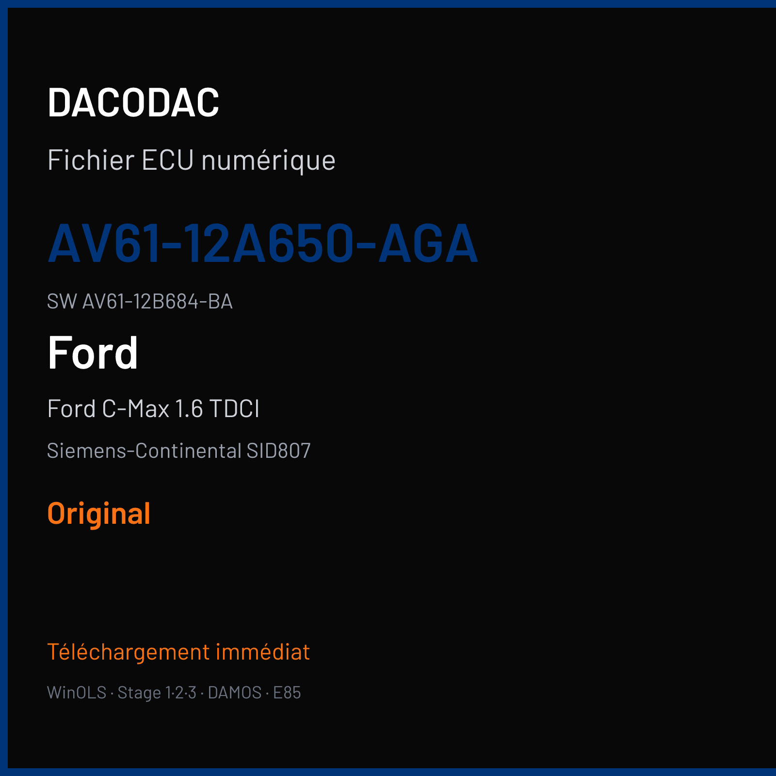 Ford C-Max 1.6 TDCI 95 ch (2010) — Siemens-Continental SID807 — AV61-12A650-AGA · AV61-12B684-BA · FRD43C3000000 — Original