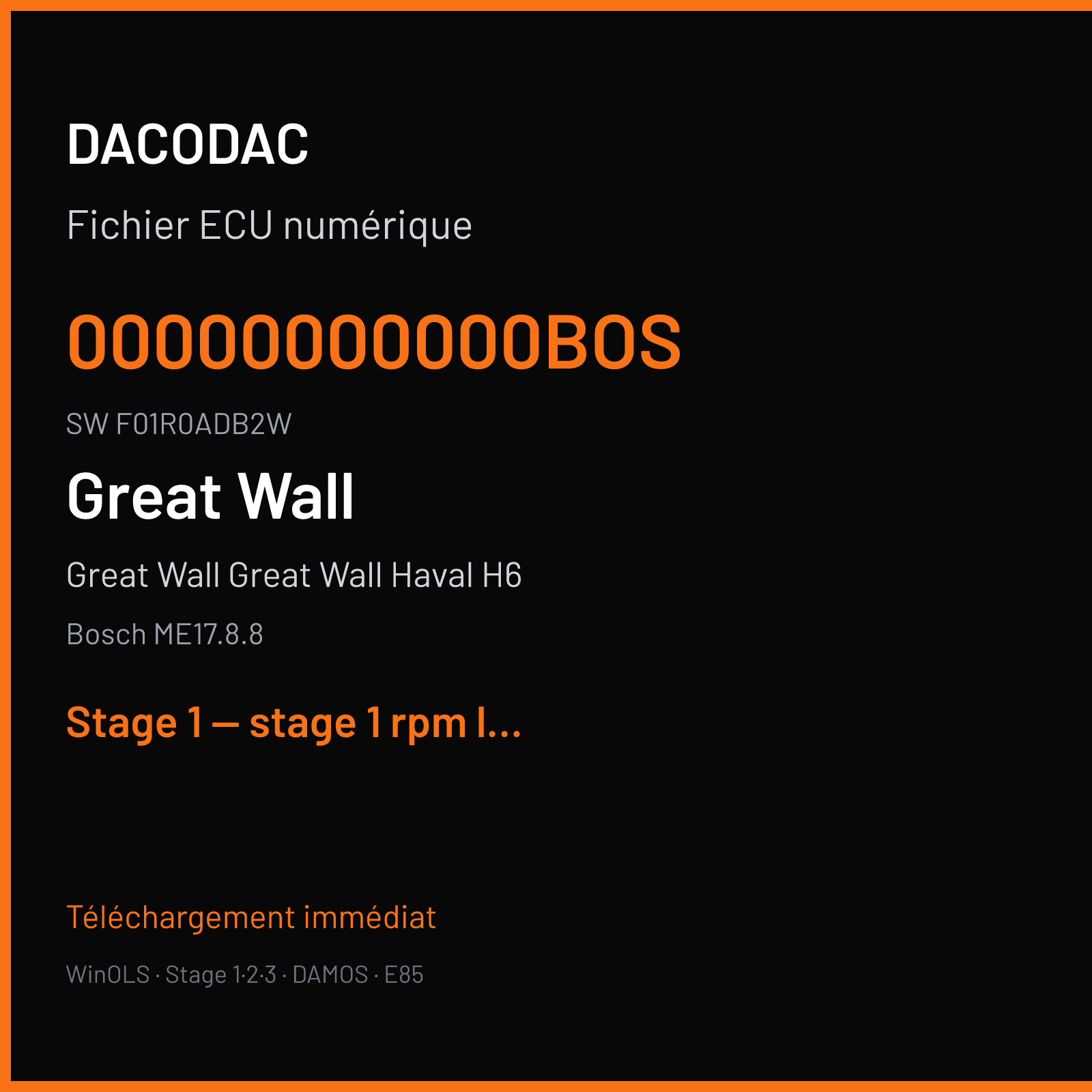 Great Wall Great Wall Haval H6 (2016) — Bosch ME17.8.8 — 00000000000BOS · F01R0ADB2W — Stage 1 — stage 1 rpm limit mod