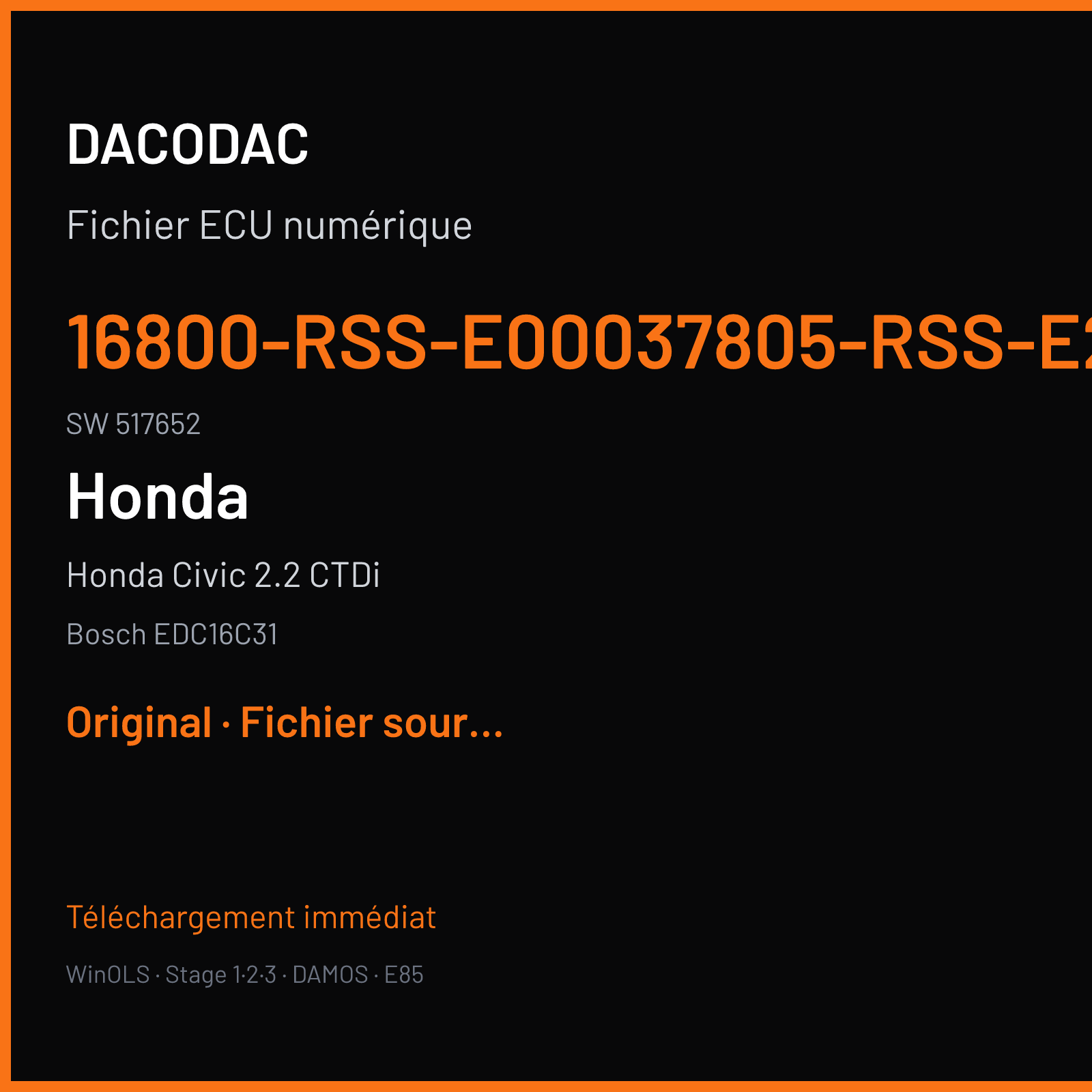 Honda Civic 2.2 CTDi (2008) — Bosch EDC16C31 — 16800-RSS-E00037805-RSS-E290 · 517652 — Original
