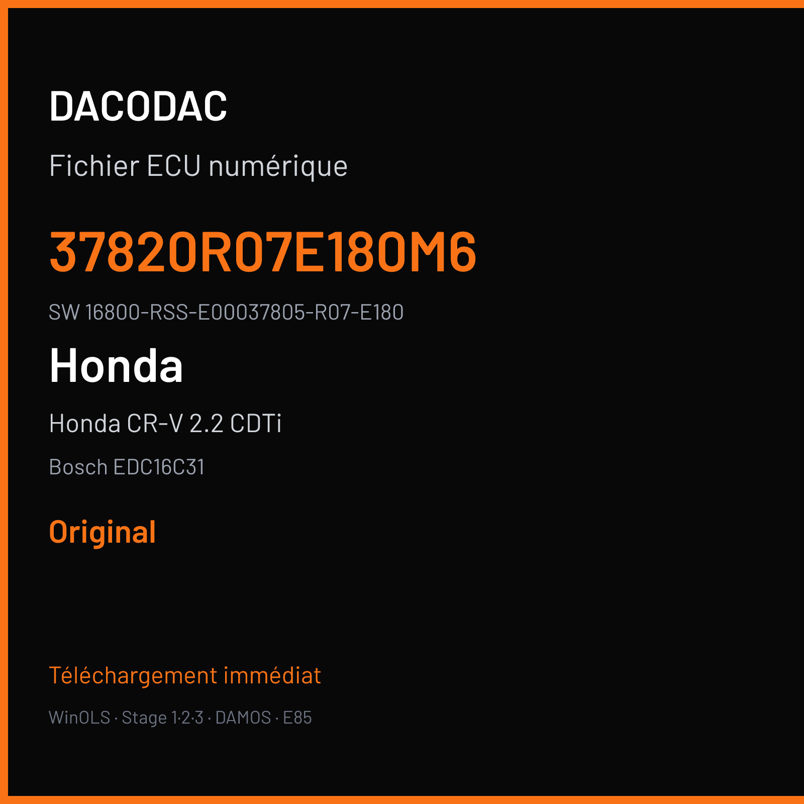 Honda CR-V 2.2 CDTi 140 ch (2007) — Bosch EDC16C31 — 37820R07E180M6 · 16800-RSS-E00037805-R07-E180 · 396105 — Original