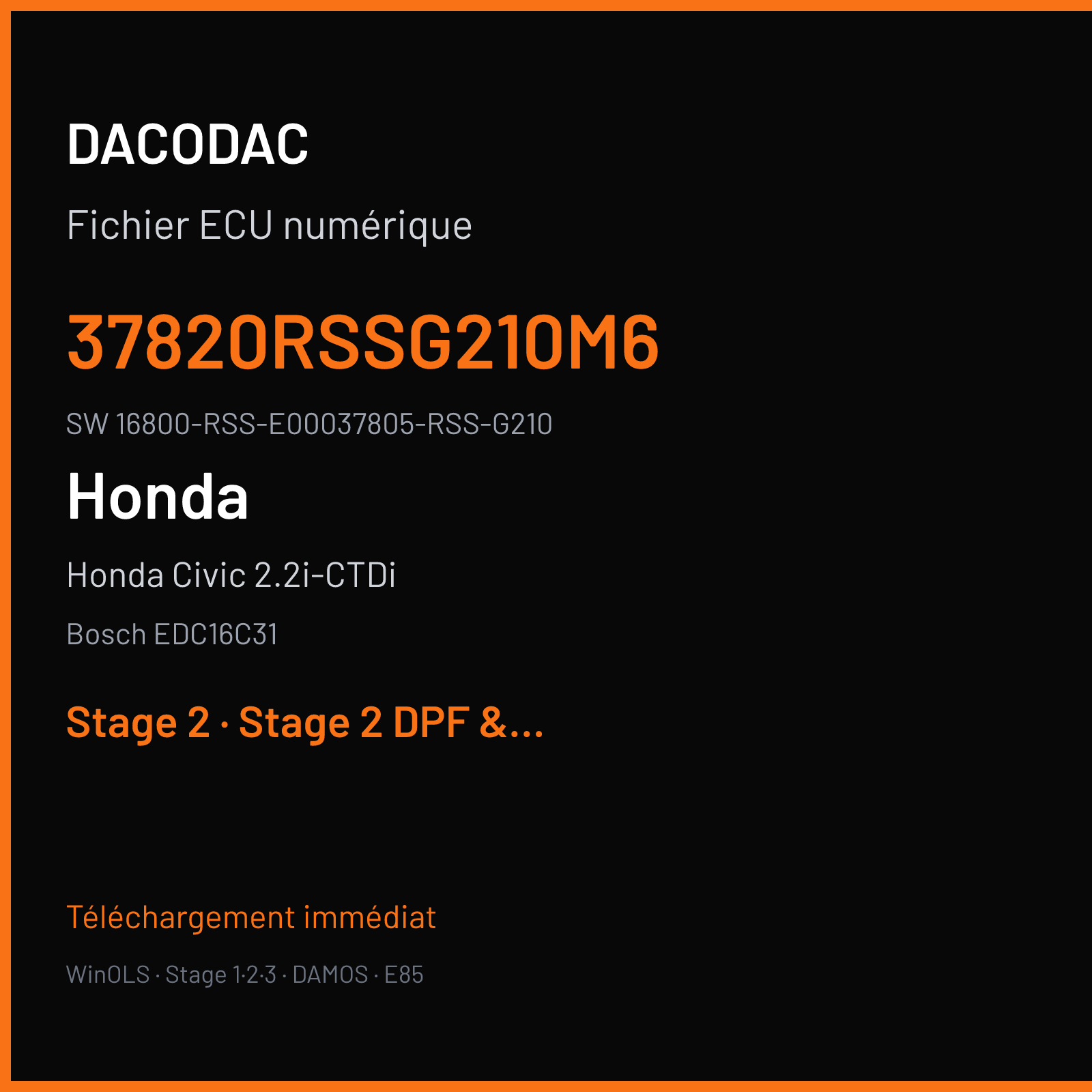 Honda Civic 2.2i-CTDi 140 ch (2008) — Bosch EDC16C31 — 37820RSSG210M6 · 16800-RSS-E00037805-RSS-G210 · 528451 — Stage 2