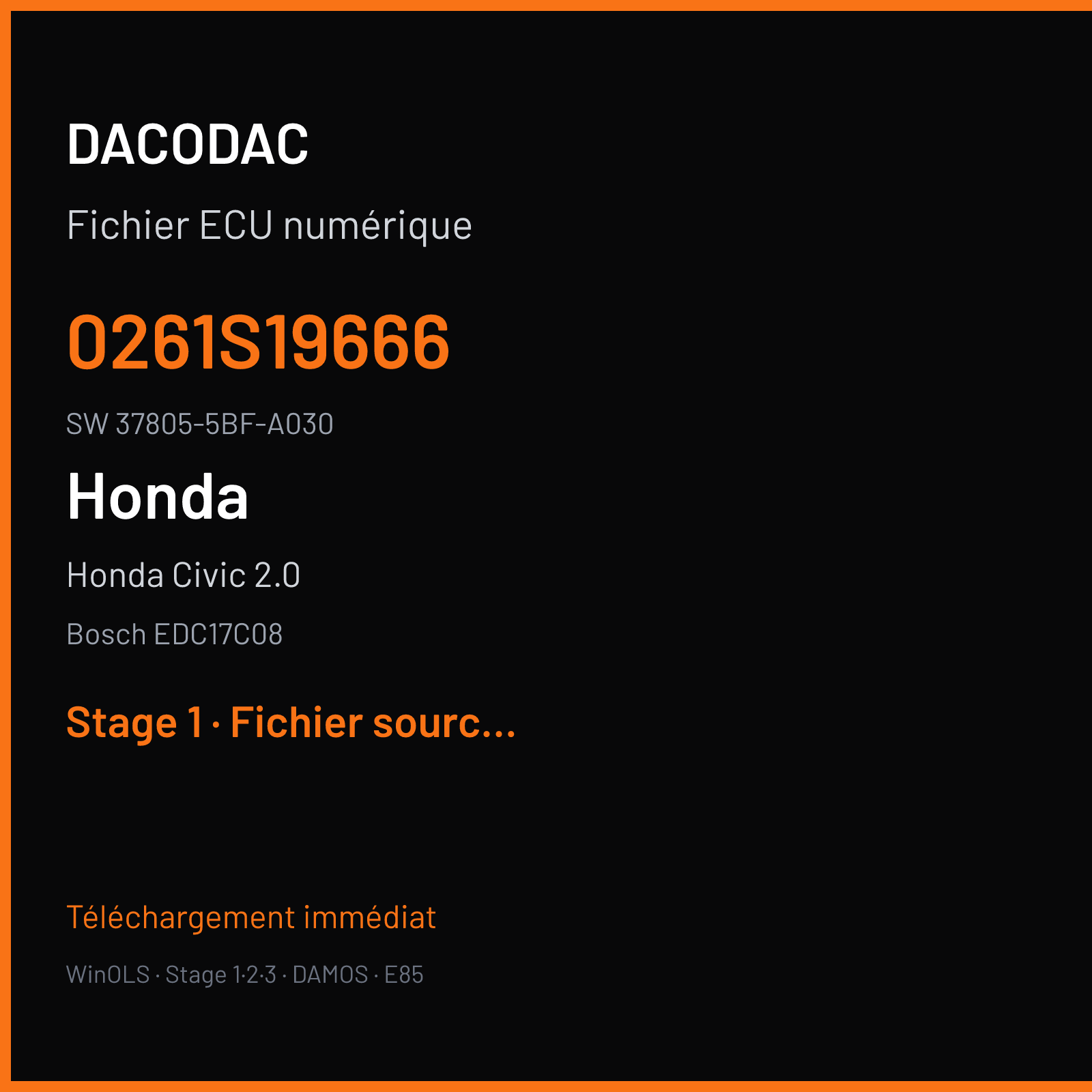 Honda Civic 2.0 (2018) — Bosch EDC17C08 — 0261s19666 · 37805-5BF-A030 — Stage 1