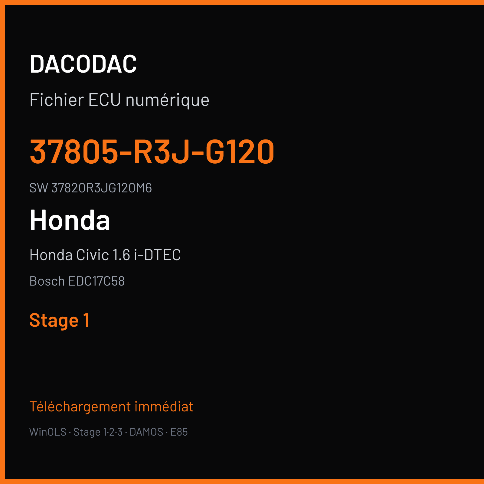 Honda Civic 1.6 i-DTEC 120 ch (2015) — Bosch EDC17C58 — 37805-R3J-G120 · 37820R3JG120M6 · 001736 — Stage 1