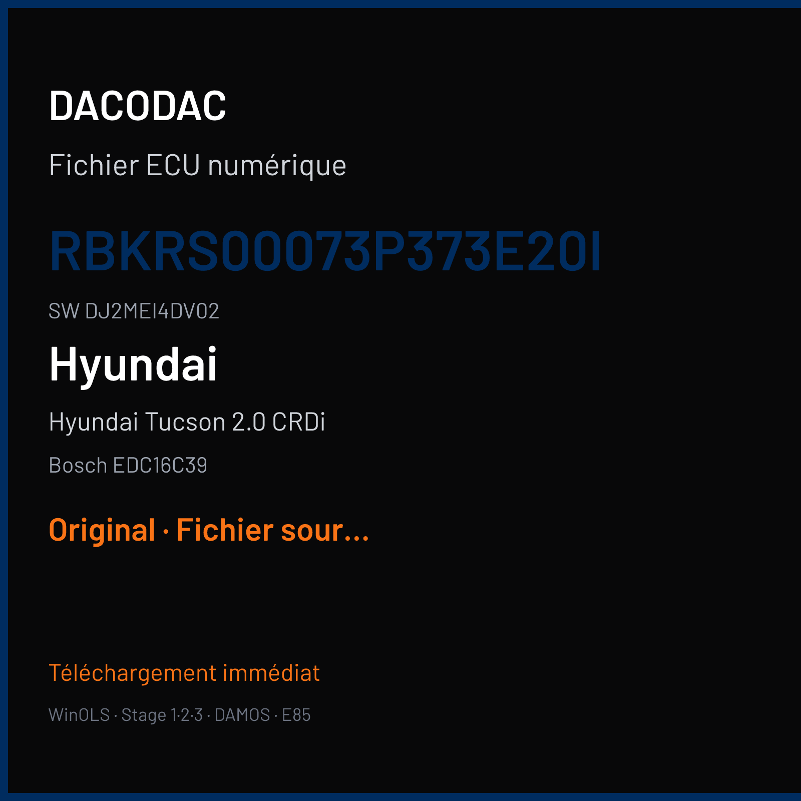Hyundai Tucson 2.0 CRDi 140 ch (2007) — Bosch EDC16C39 — RBKRS00073P373E20I · DJ2MEI4DV02 · 39113-27295E2JM0M2EI02S — Original