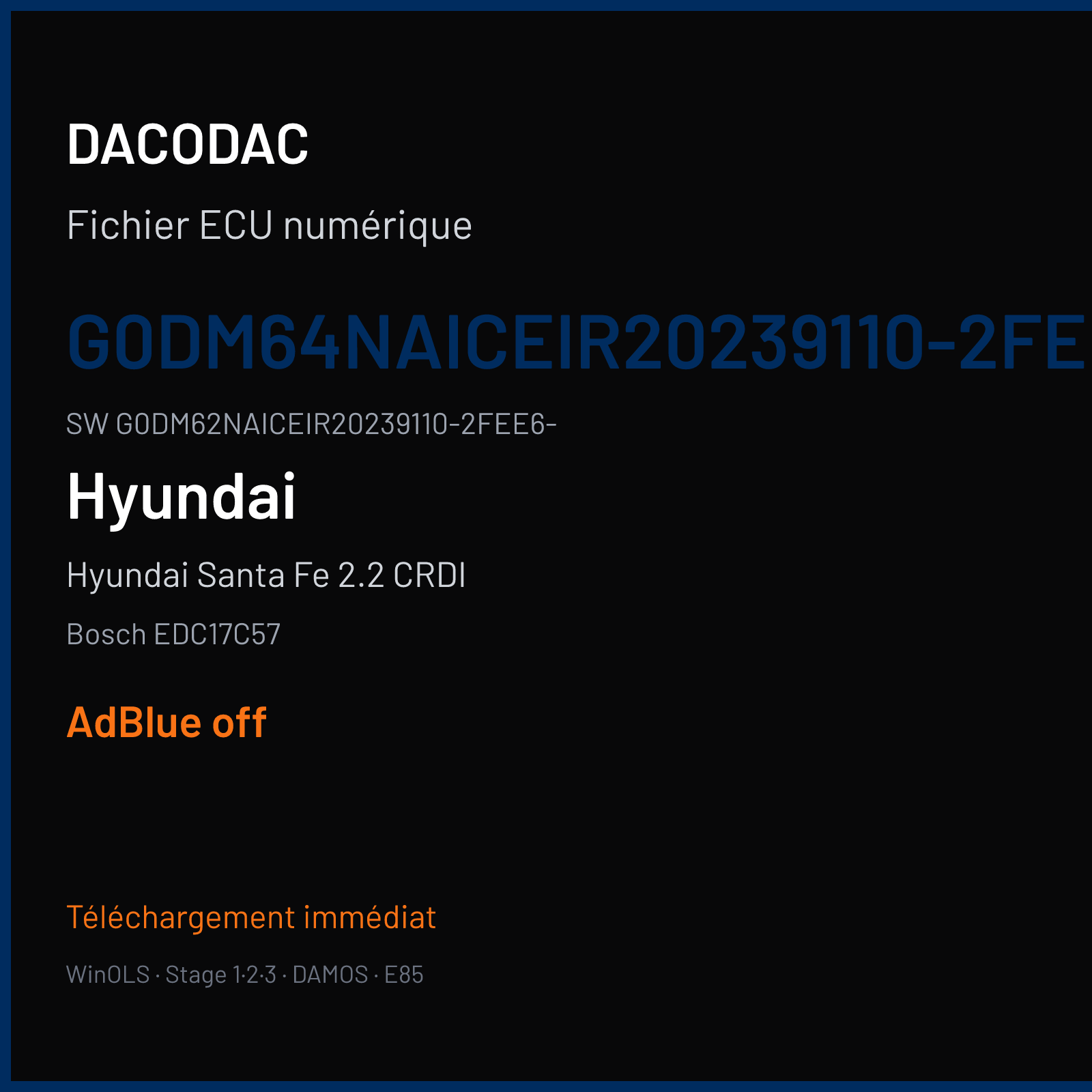 Hyundai Santa Fe 2.2 CRDI 197 ch (2017) — Bosch EDC17C57 — G0DM64NAICEIR20239110-2FEE6- · G0DM62NAICEIR20239110-2FEE6- · 019244 — ADBLUE off