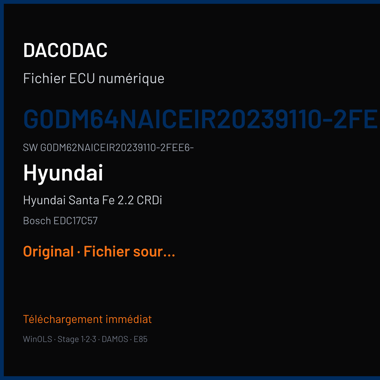 Hyundai Santa Fe 2.2 CRDi 200 ch (2017) — Bosch EDC17C57 — G0DM64NAICEIR20239110-2FEE6- · G0DM62NAICEIR20239110-2FEE6- · 10SW019244 1200G00I — Original