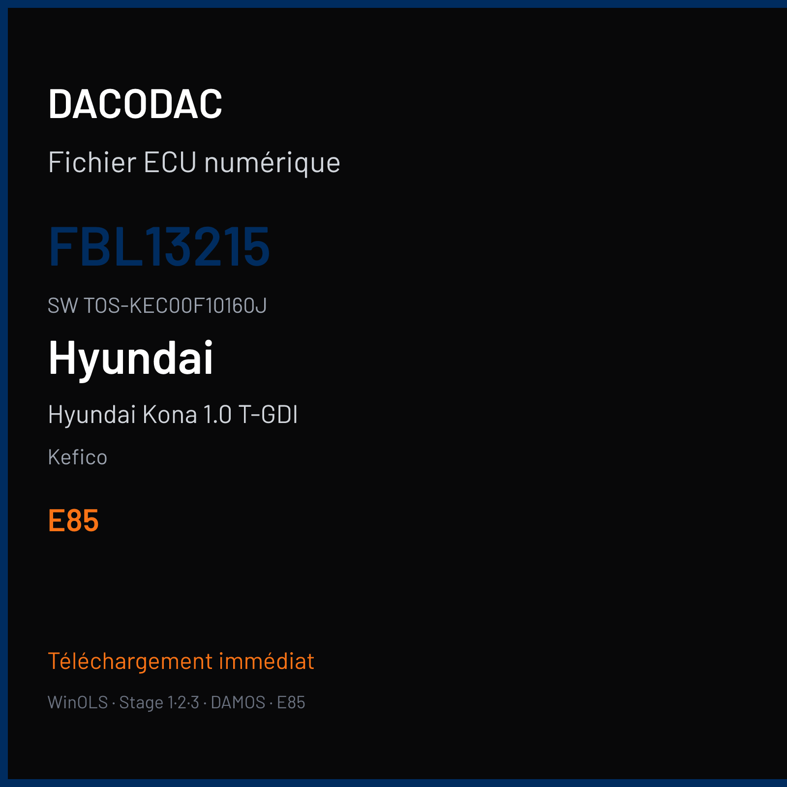 Hyundai Kona 1.0 T-GDI (2017) — Kefico — FBL13215 · TOS-KEC00F10160J · HEPG5D90 CPEGD2.20.4 — E85