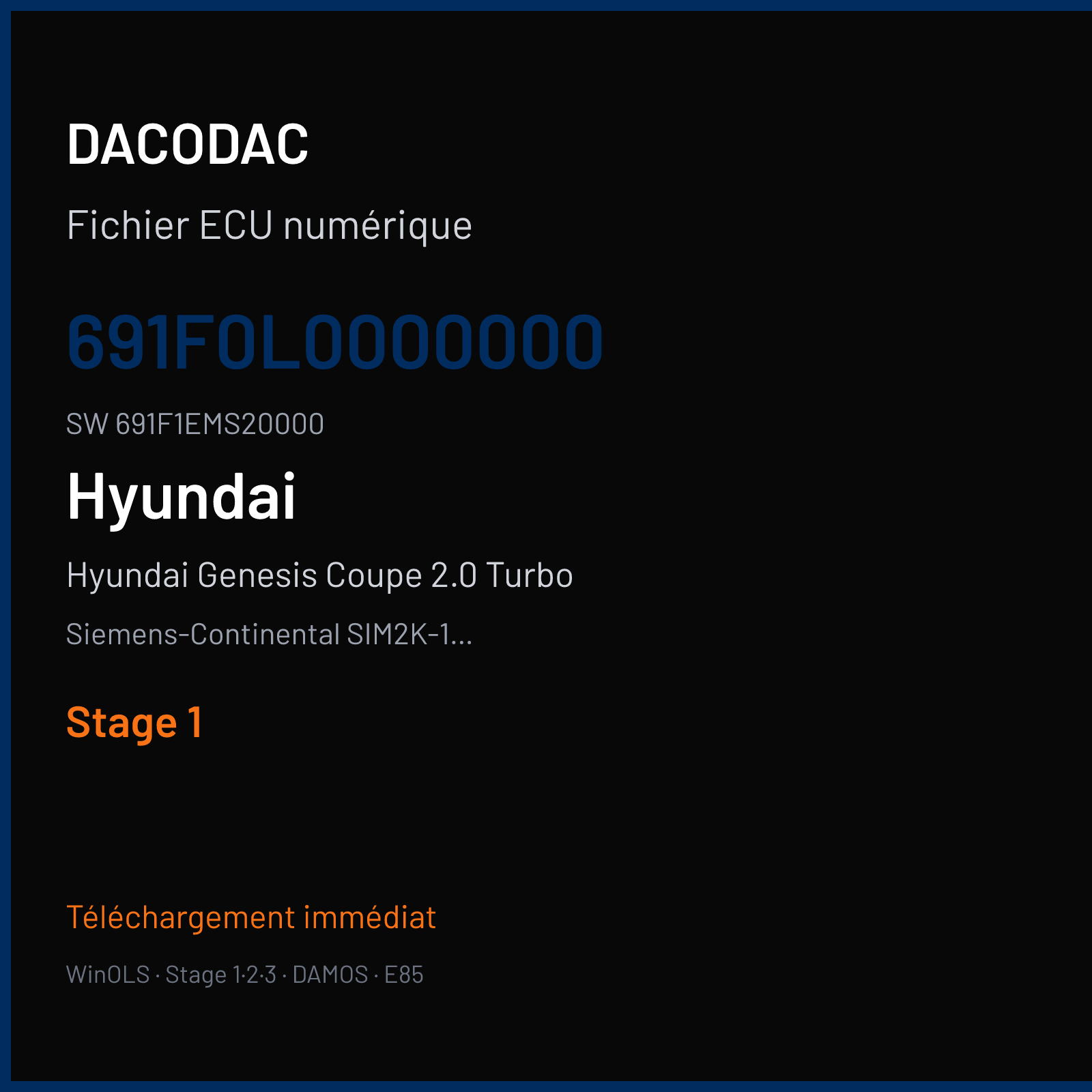 Hyundai Genesis Coupe 2.0 Turbo 213 ch (2011) — Siemens-Continental SIM2K-141 — 691F0L0000000 · 691F1EMS20000 — Stage 1