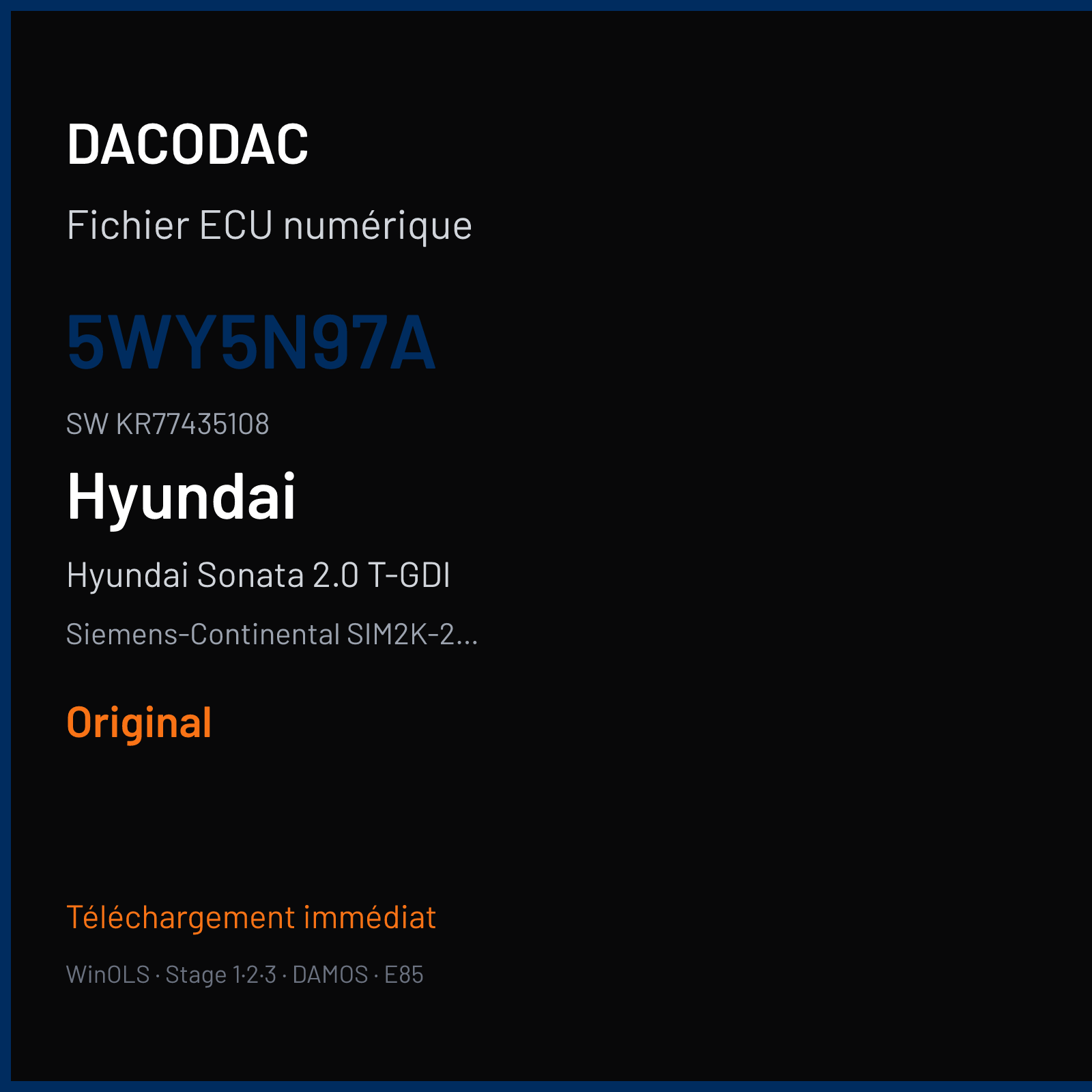 Hyundai Sonata 2.0 T-GDI 248 ch (2014) — Siemens-Continental SIM2K-250 — 5WY5N97A · KR77435108 · 69431EMS20000 — Original