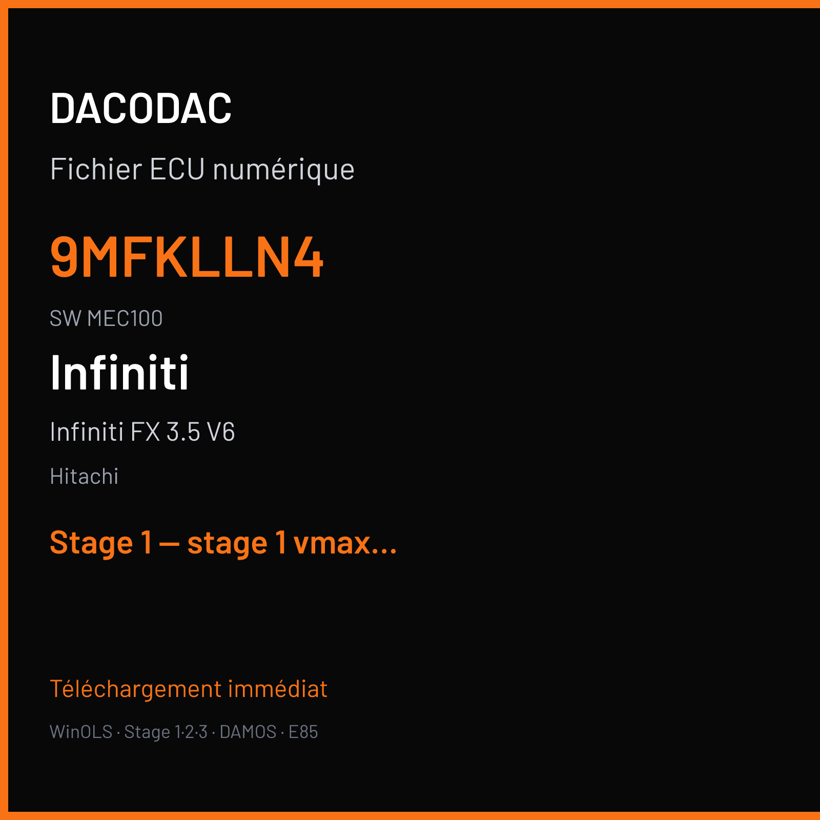 Infiniti FX 3.5 V6 (2009) — Hitachi — 9MFKLLN4 · MEC100 — Stage 1 — stage 1 vmax off