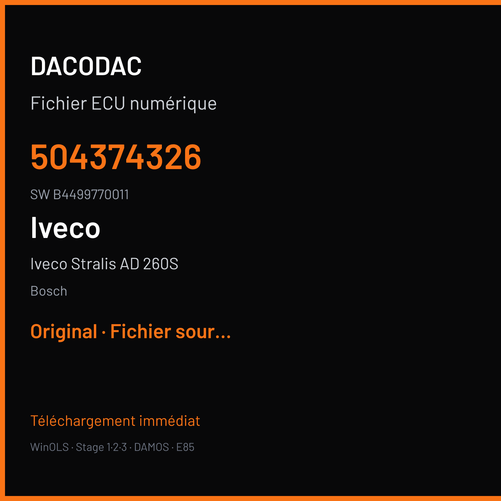 Iveco Stralis AD 260S 420 ch (2012) — Bosch — 504374326 · B4499770011 · 1037507028 DCU15 — Original