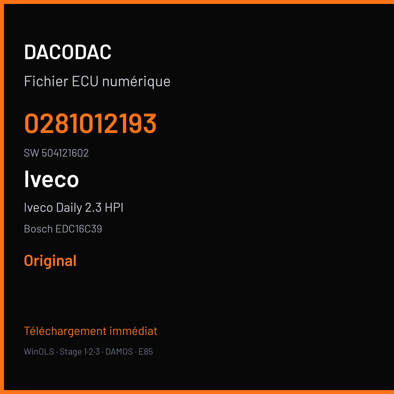 Iveco Daily 2.3 HPI 116 ch (2007) — Bosch EDC16C39 — 0281012193 · 504121602 · 378086 — Original