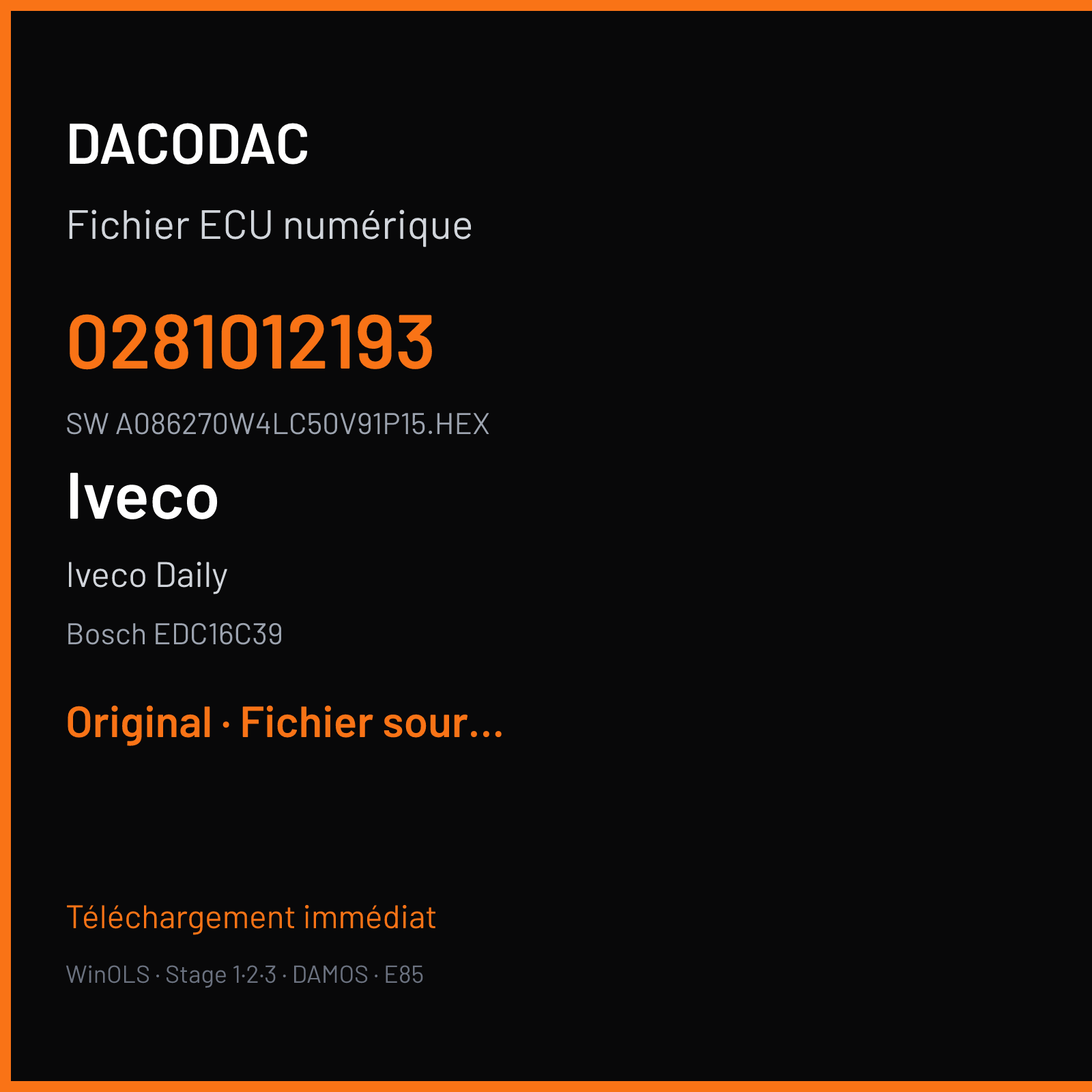 Iveco Daily — Bosch EDC16C39 — 0281012193 · A086270W4LC50V91P15.HEX · 378086 — Original