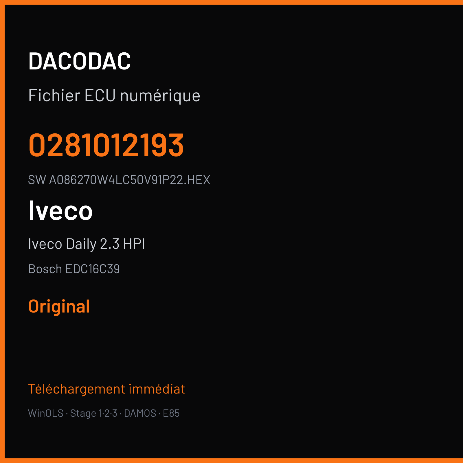 Iveco Daily 2.3 HPI 116 ch (2009) — Bosch EDC16C39 — 0281012193 · A086270W4LC50V91P22.HEX · 378090 — Original