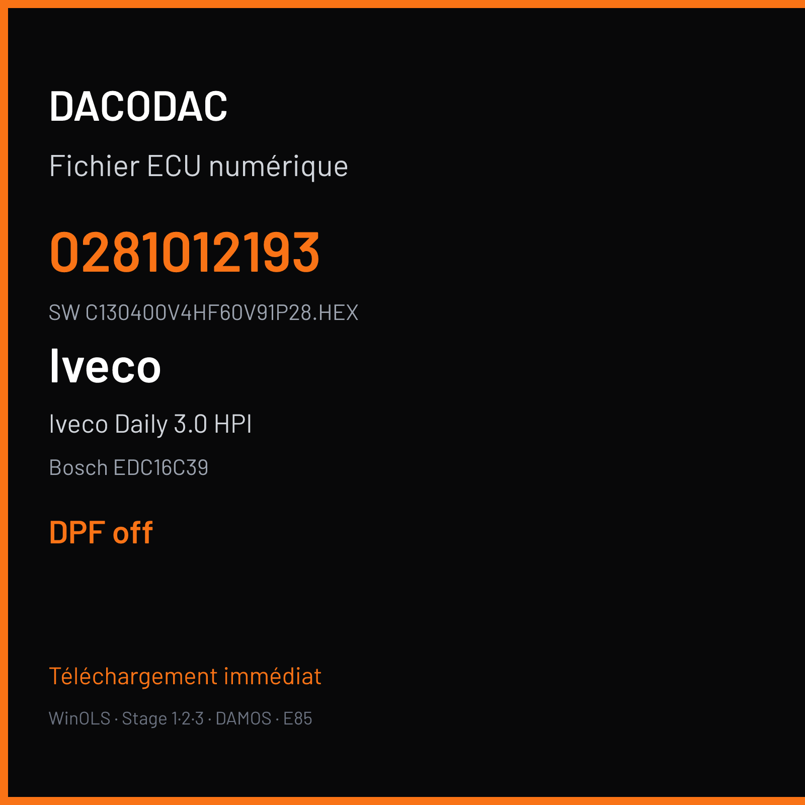 Iveco Daily 3.0 HPI 177 ch (2008) — Bosch EDC16C39 — 0281012193 · C130400V4HF60V91P28.HEX · 1037378086P 315V91 — DPF off