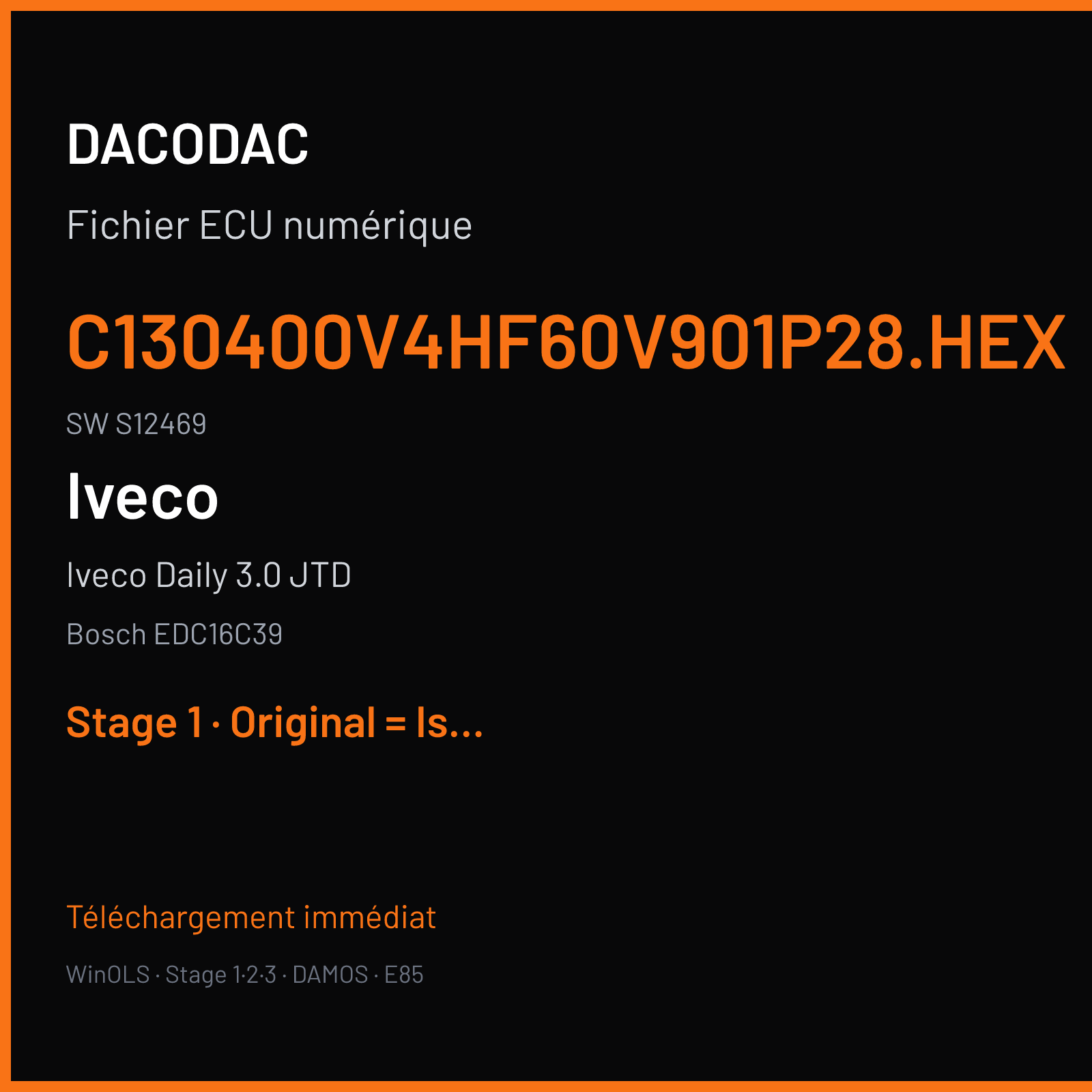 Iveco Daily 3.0 JTD (2007) — Bosch EDC16C39 — C130400V4HF60V901P28.HEX · S12469 — Stage 1