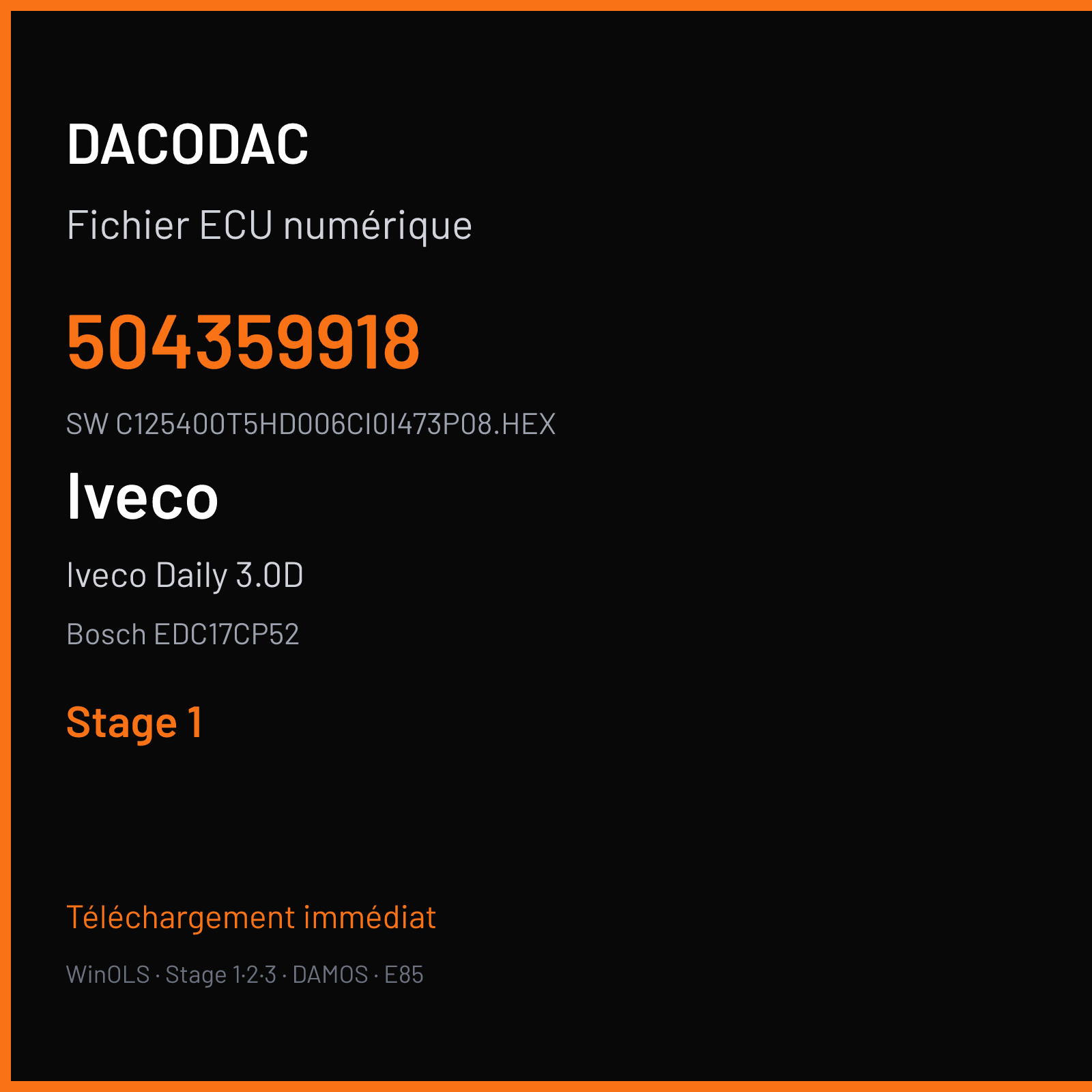 Iveco Daily 3.0D 170 ch (2011) — Bosch EDC17CP52 — 504359918 · C125400T5HD006CI0I473P08.HEX · 500323 — Stage 1