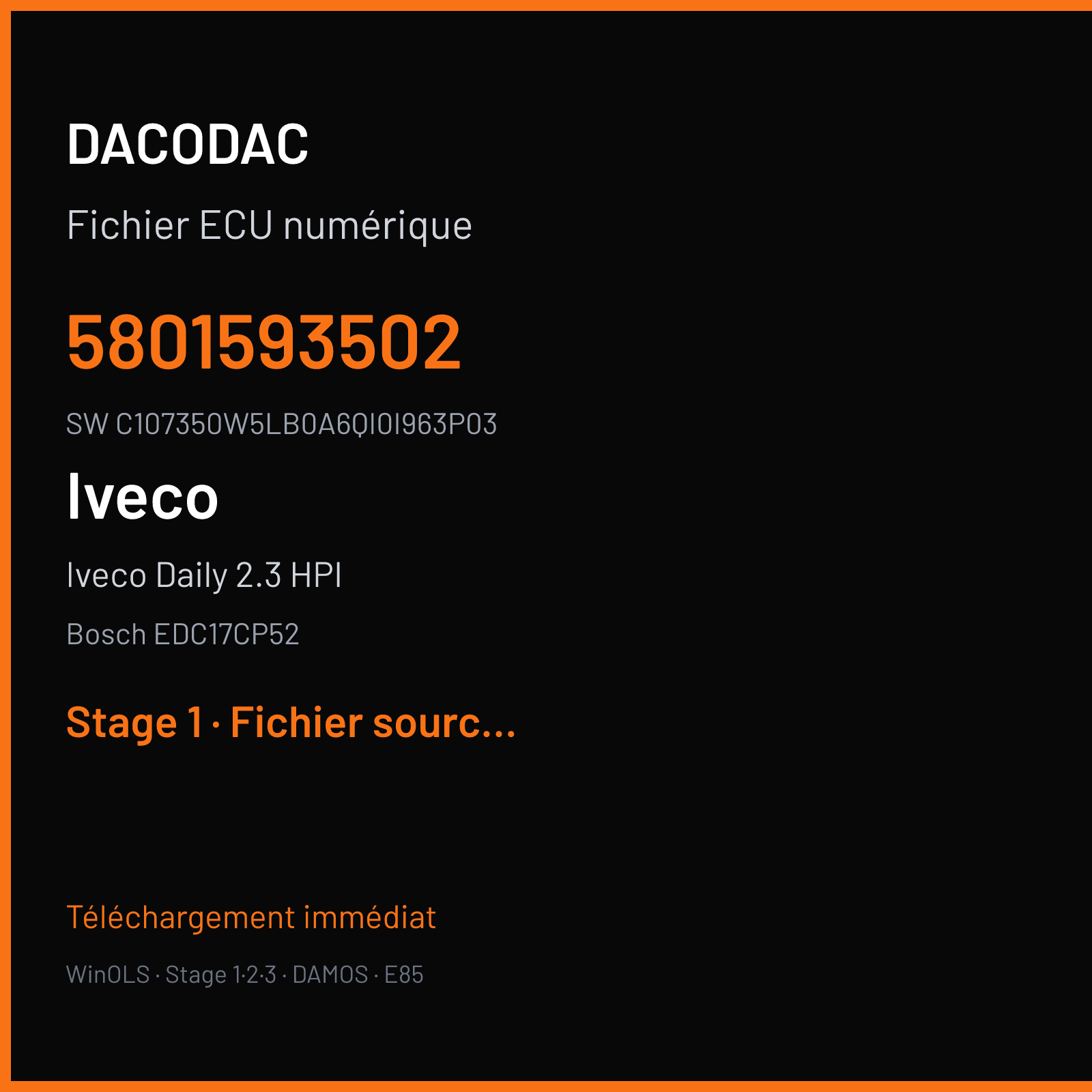 Iveco Daily 2.3 HPI 126 ch (2017) — Bosch EDC17CP52 — 5801593502 · C107350W5LB0A6QI0I963P03 — Stage 1